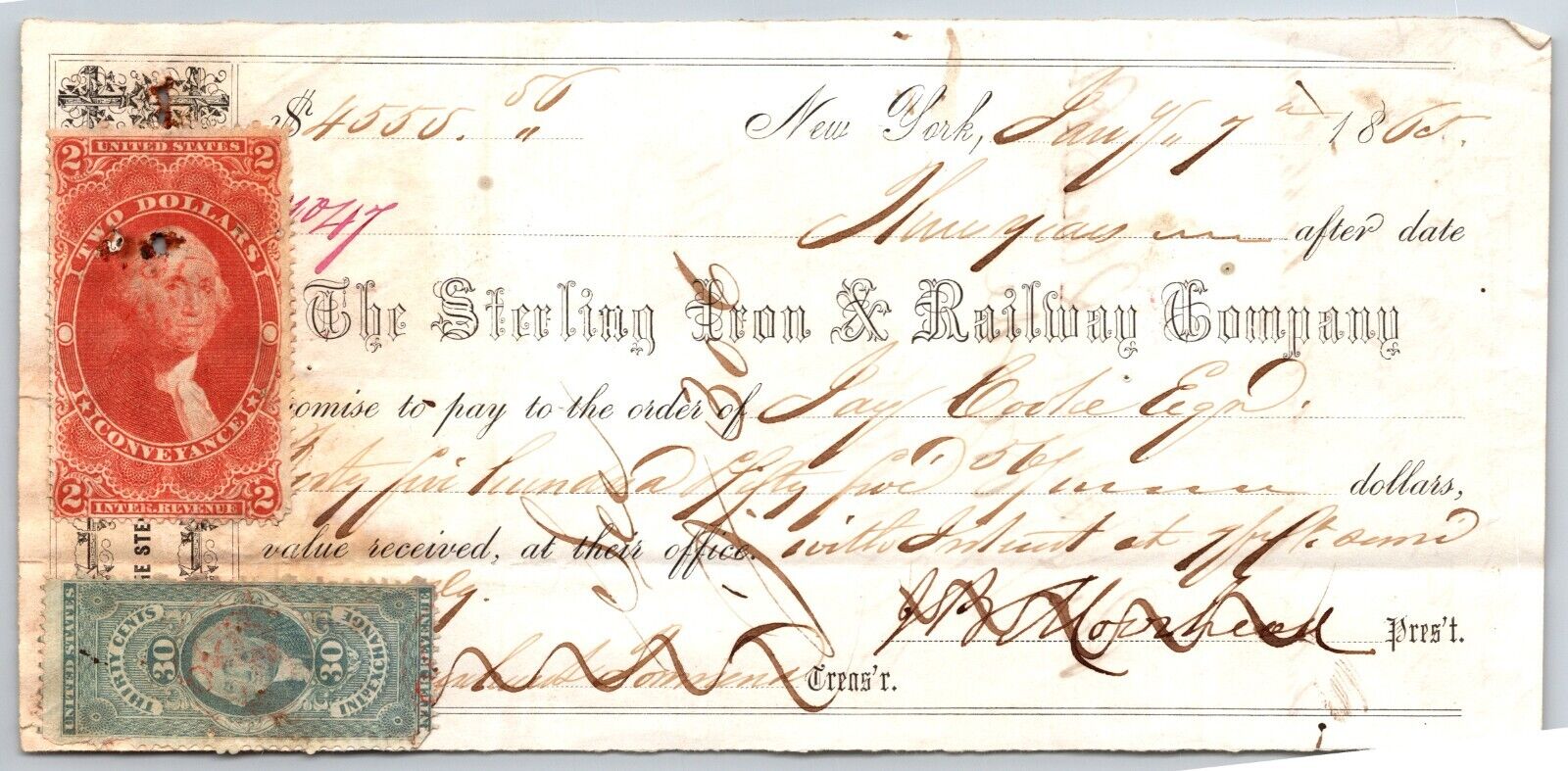 Sterling Railroad / Jay Cooke 1865 Promissory Note w/ Rev Stamps