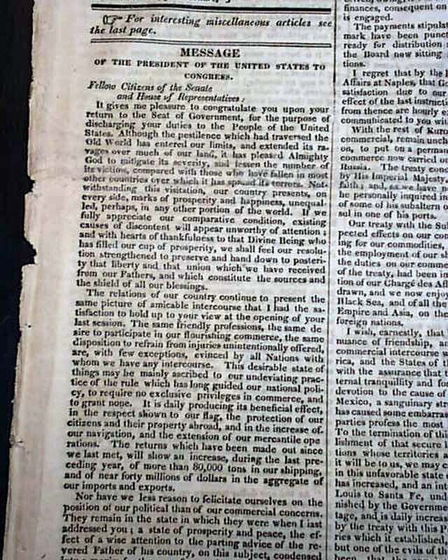 President ANDREW JACKSON State of the Union Address 1832 Washington DC Newspaper