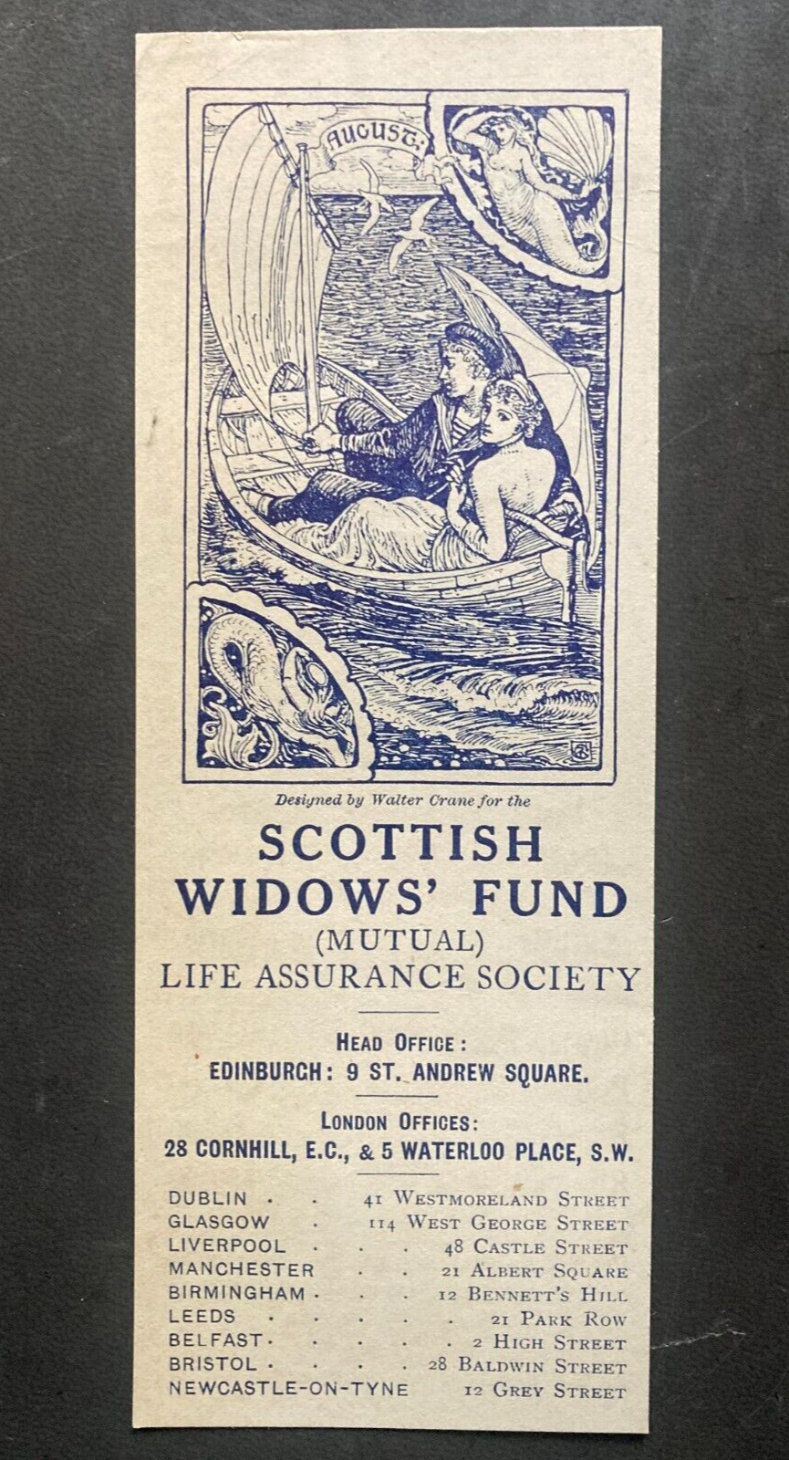 ANTIQUE Bookmark Scottish Widows\' Fund Life Insurance 1913 Ephemera VG