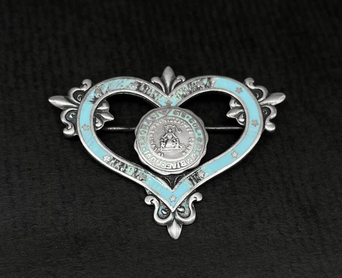 Rare Antique COLUMBIA COLLEGE Sterling Enamel Brooch Pin Heart University c.1910