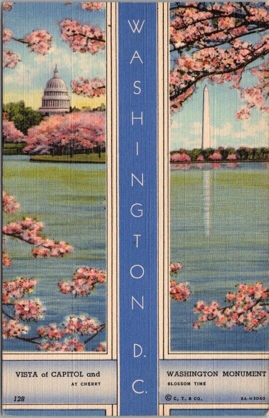 1938 WASHINGTON D.C. Greetings Postcard Linen Capitol / Washington Monument