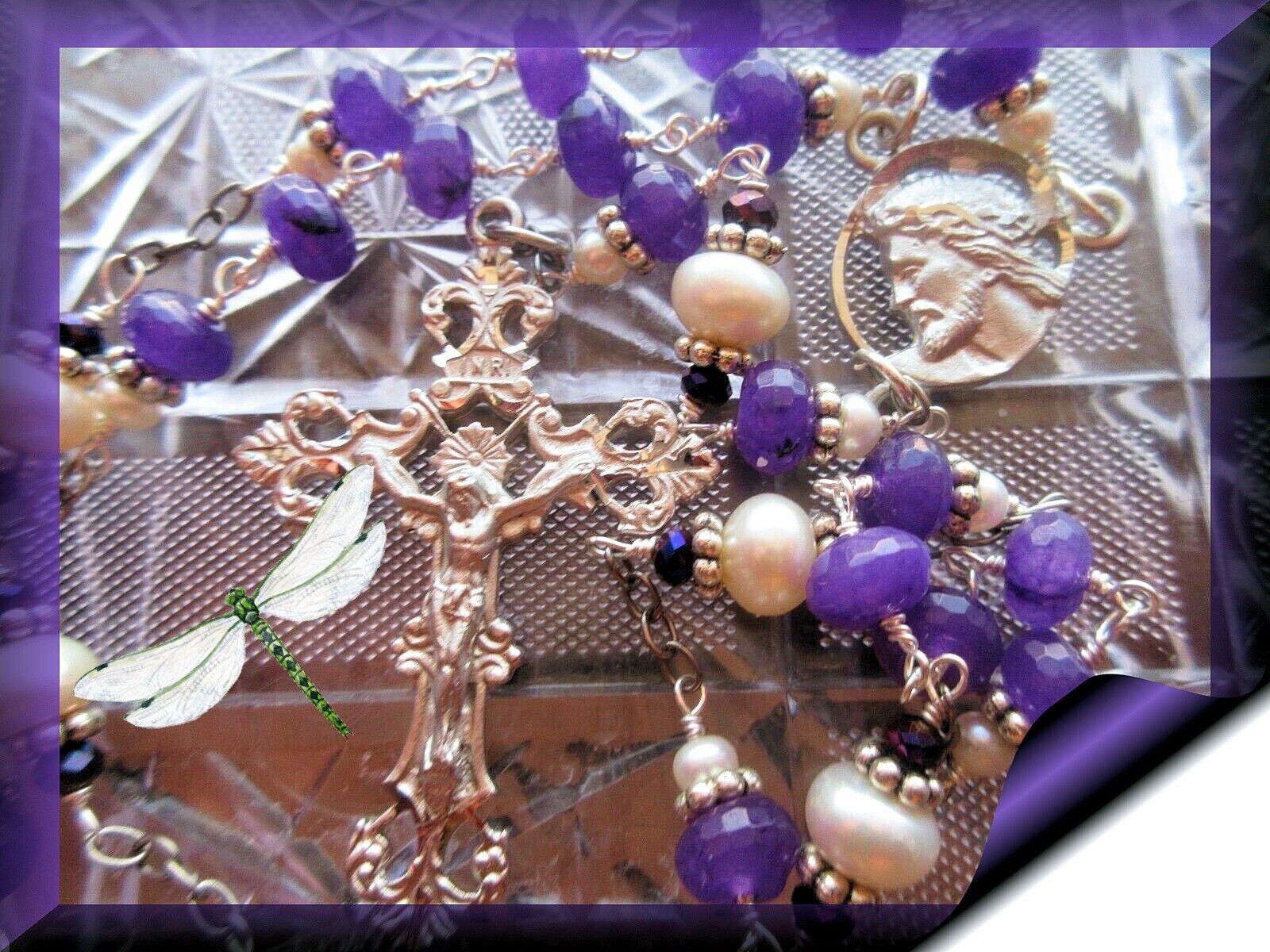 Handmade Unbreakable Rosary or Necklace Amethyst & Freshwater Pearls Blest w Pio
