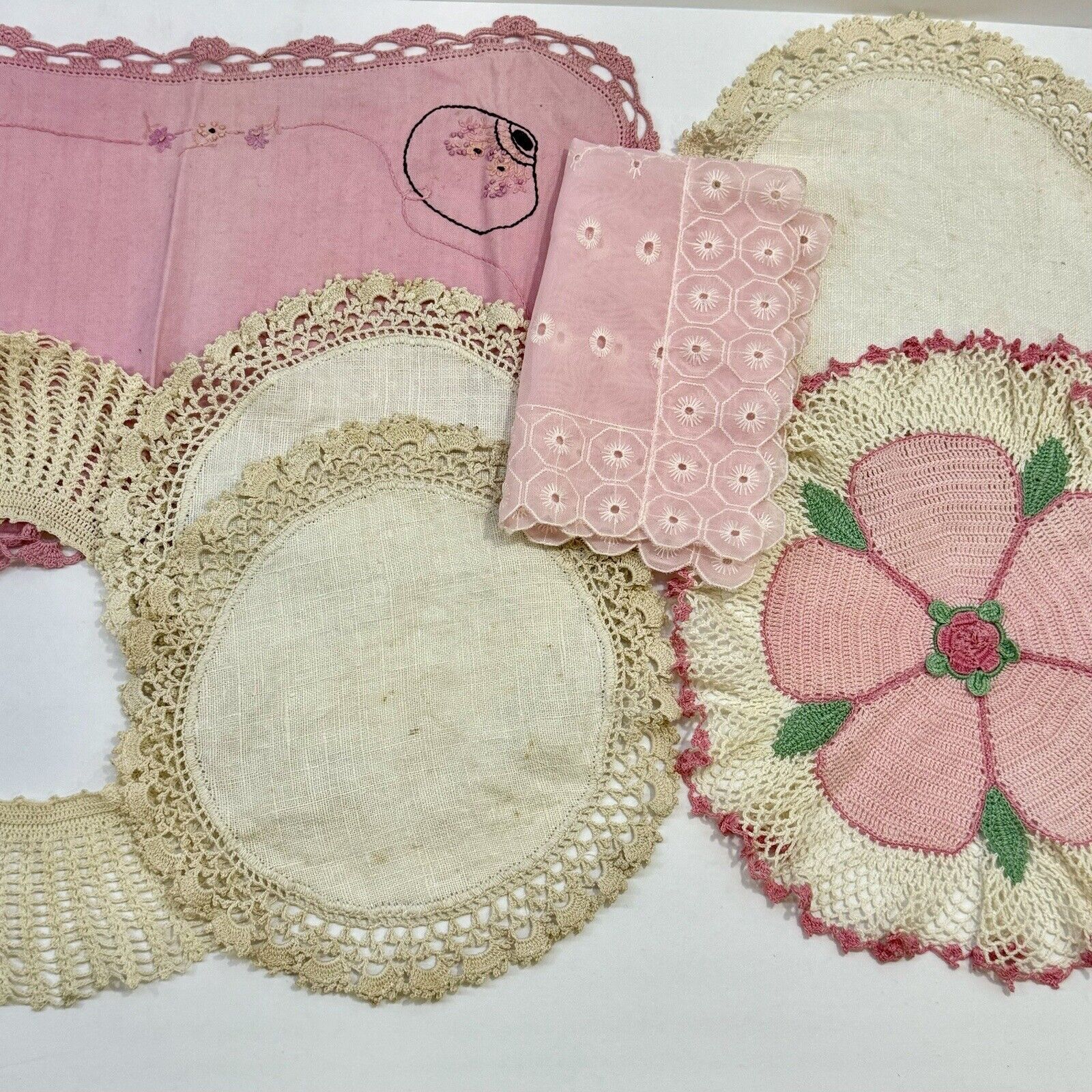 Vintage Embroidered Dollies & Linens Lot of 7