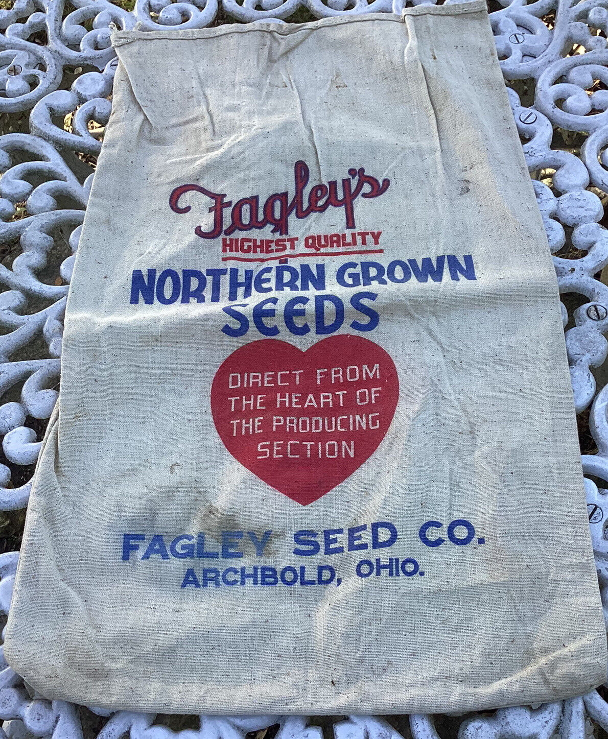 VTG ADV FABRIC SEED FEED SACK BAG SEEDS W/HEART ❤️ARCHBOLD OHIO 1947 TAG