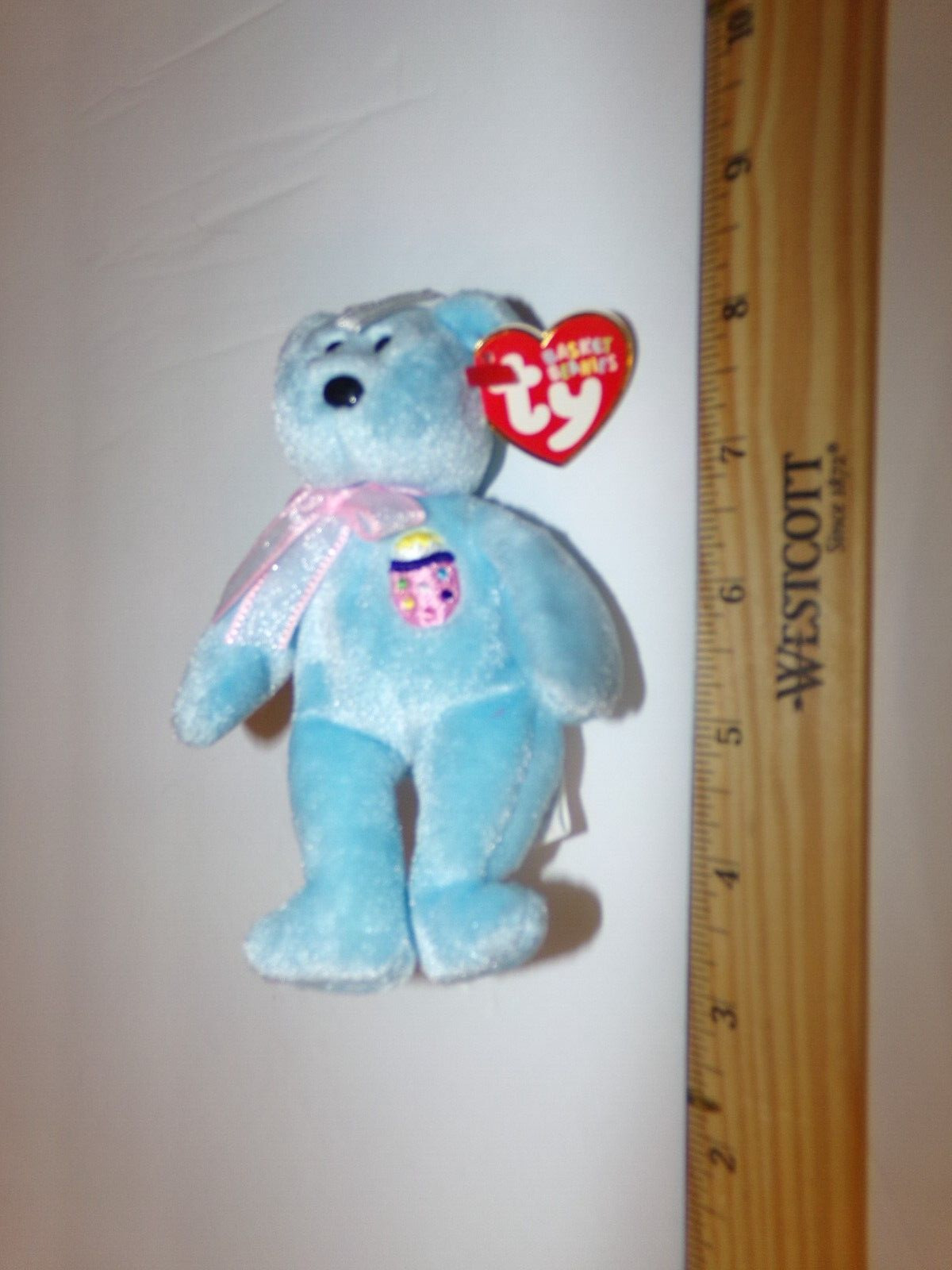 Ty Easter Basket Beanie CANDIES Blue Teddy Bear Teenie Babies Beanbag Plush 2004