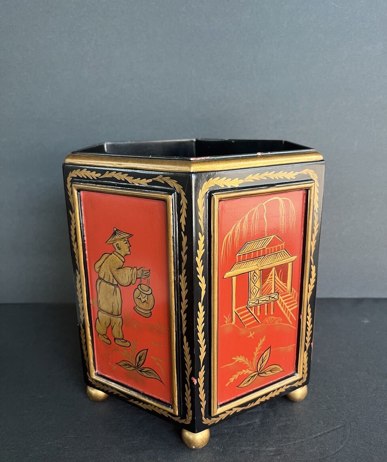 Maitland Smith Hand Painted Chinese Style Lacquer Hexagonal Wooden Box
