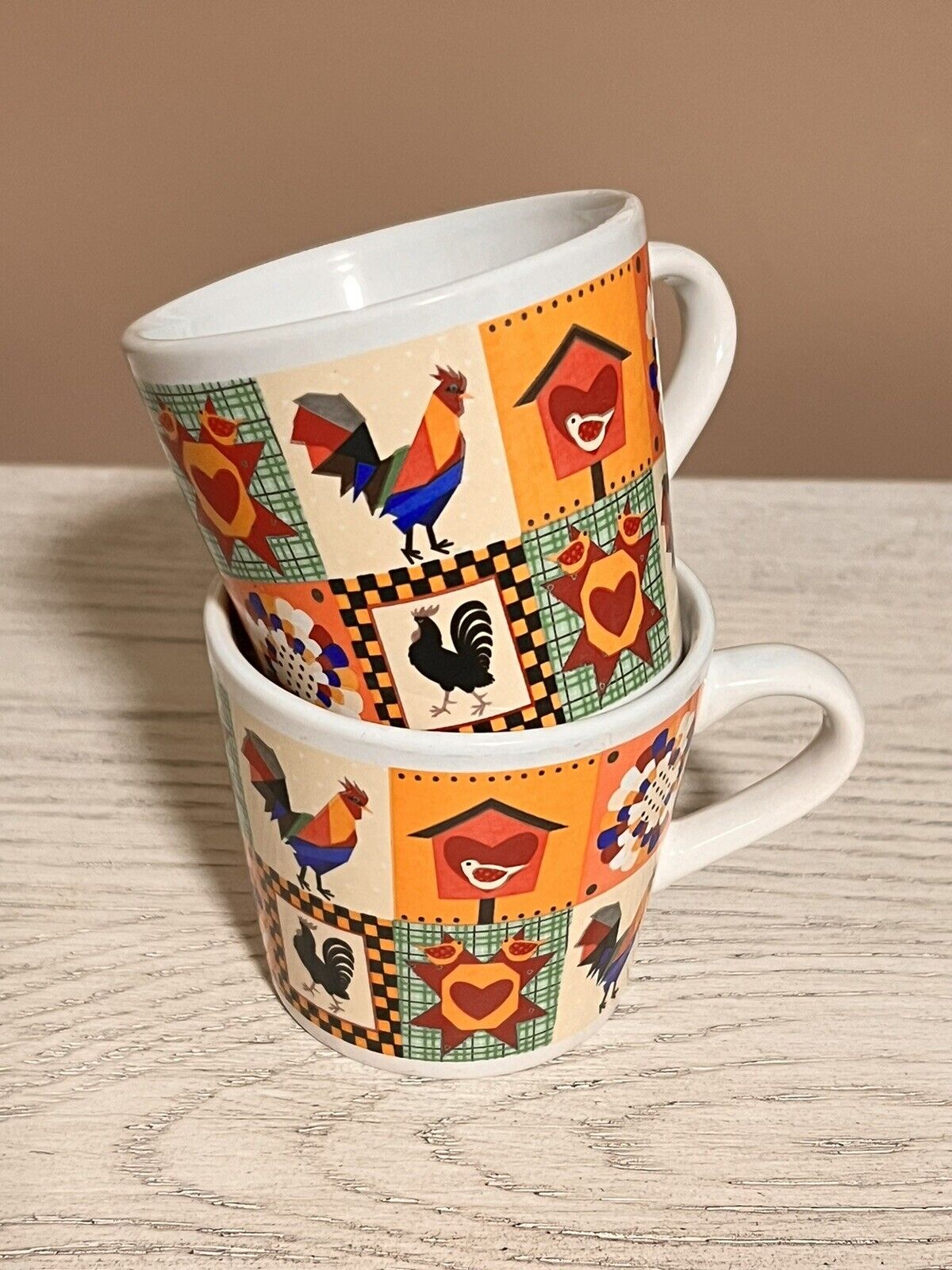 Trisa Patchwork Vintage Rooster Ceramic Mugs/Cups 7 oz - 2