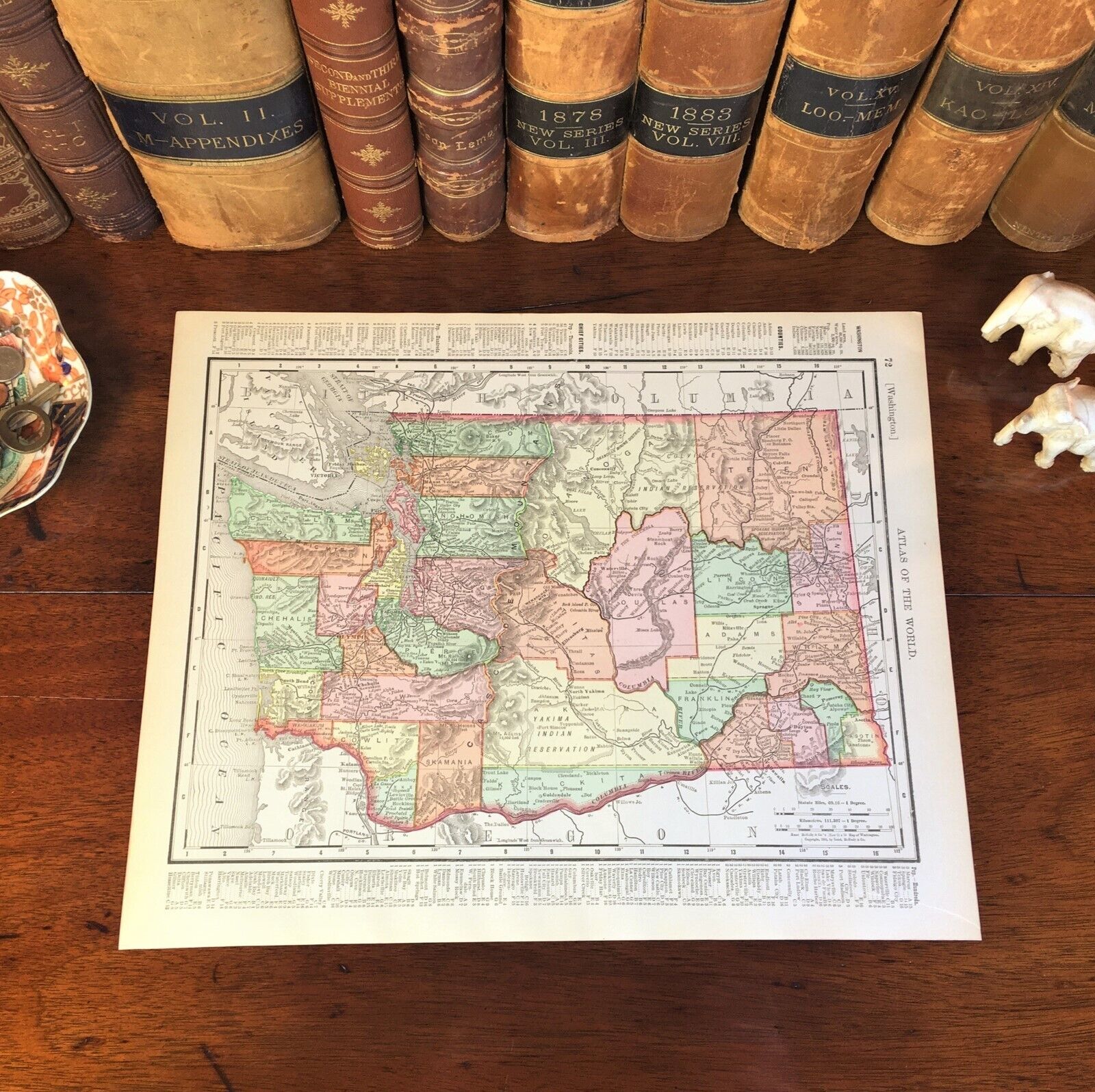 Large Original 1898 Antique Map WASHINGTON STATE Spokane Valley Tacoma Kennewick