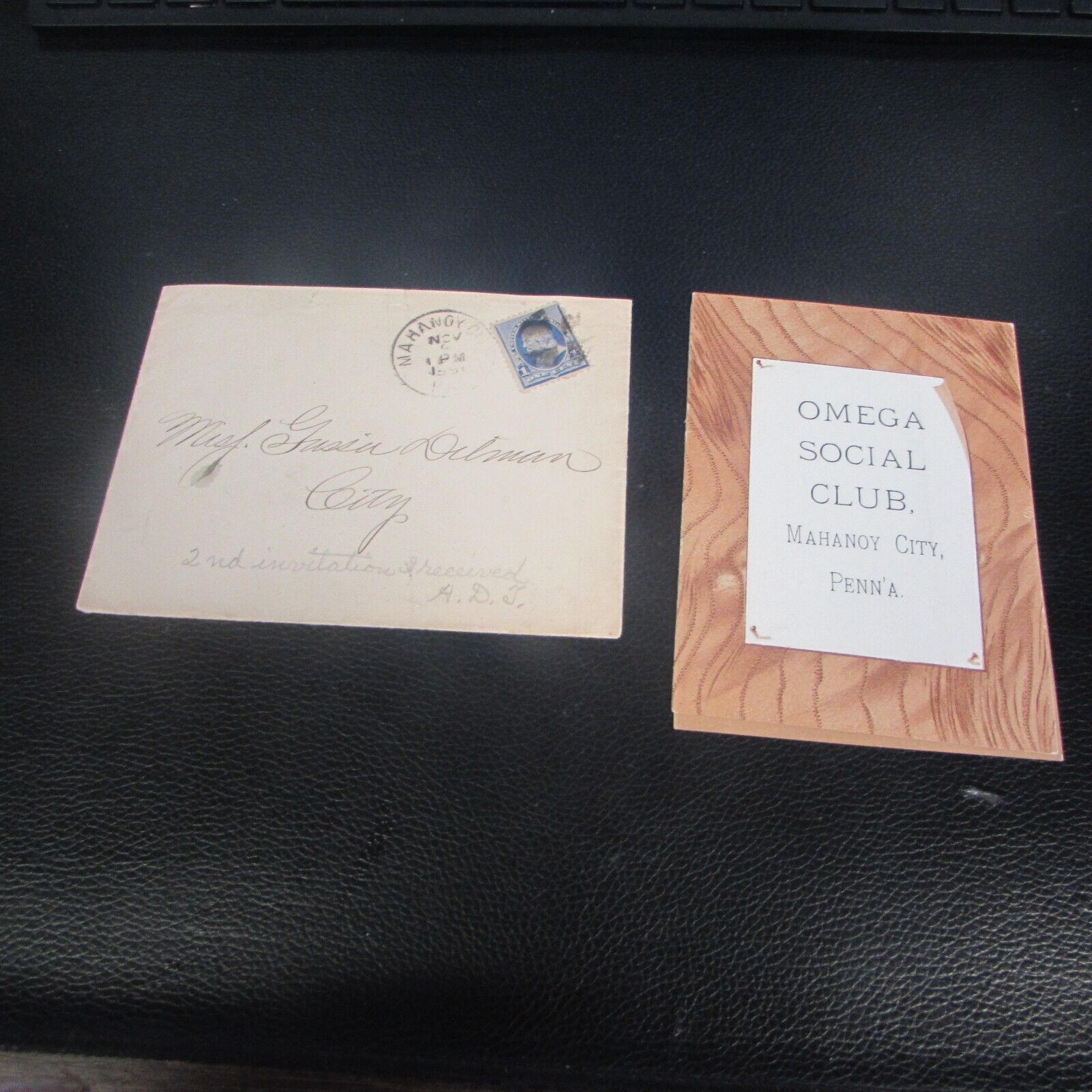 1891 THE OMEGA SOCIAL CLUB - MAHONY CITY PA  NOV. ASSEMBLY INVITATION - ORIGINAL