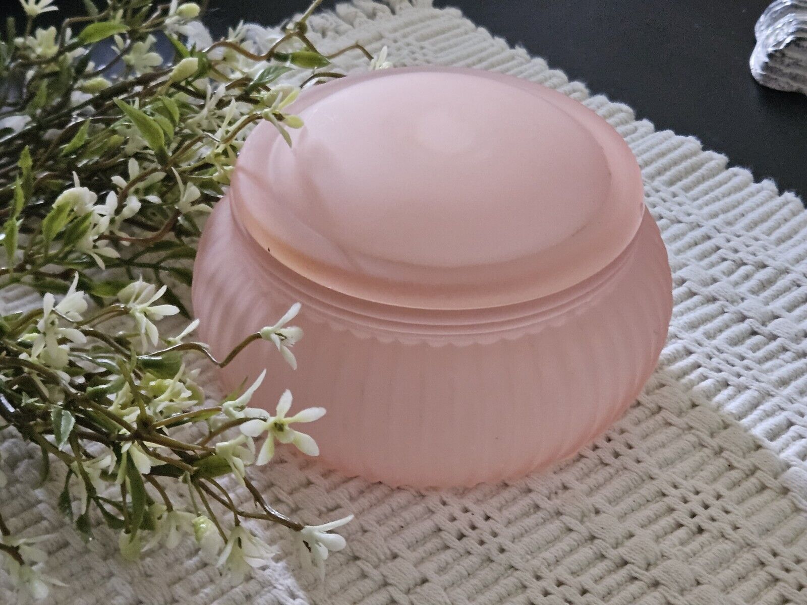 Vintage Frosted Pink Glass Trinket Vanity Dish