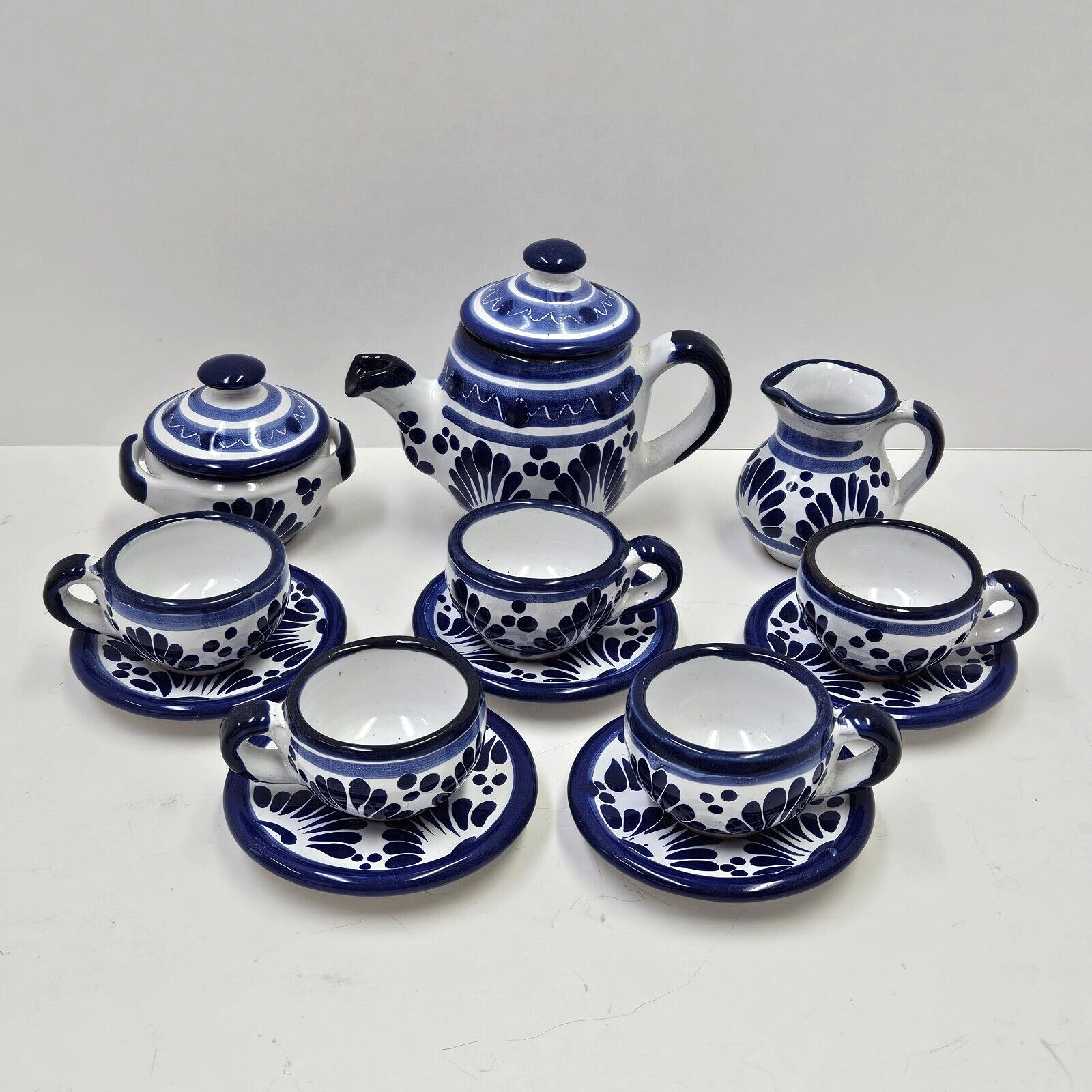 Mexico Pottery Miniature Tea Set Blue & White Hand Painted Teapot Creamer Sugar
