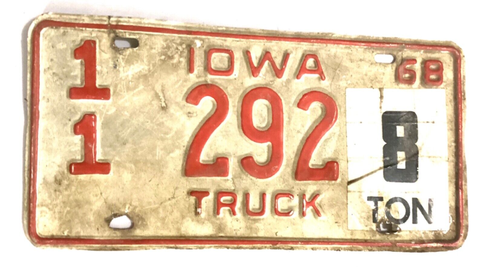1968 Iowa License Plate Low Number 8 Ton Truck Vintage Antique Historical USA