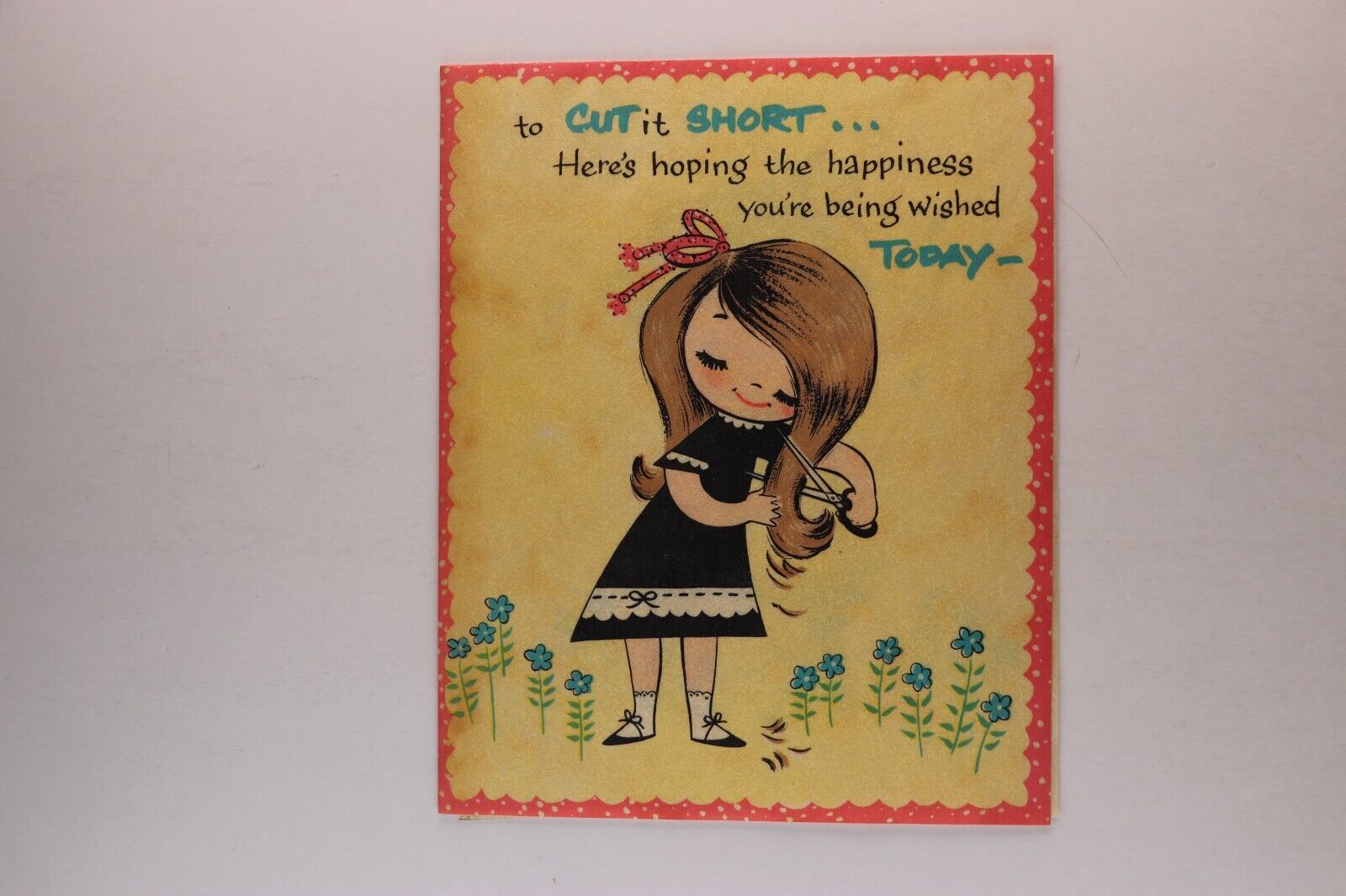 Vintage Cute Flower Girl Kitschy Perm Hair Funny Happy Birthday Card c.1960\'s