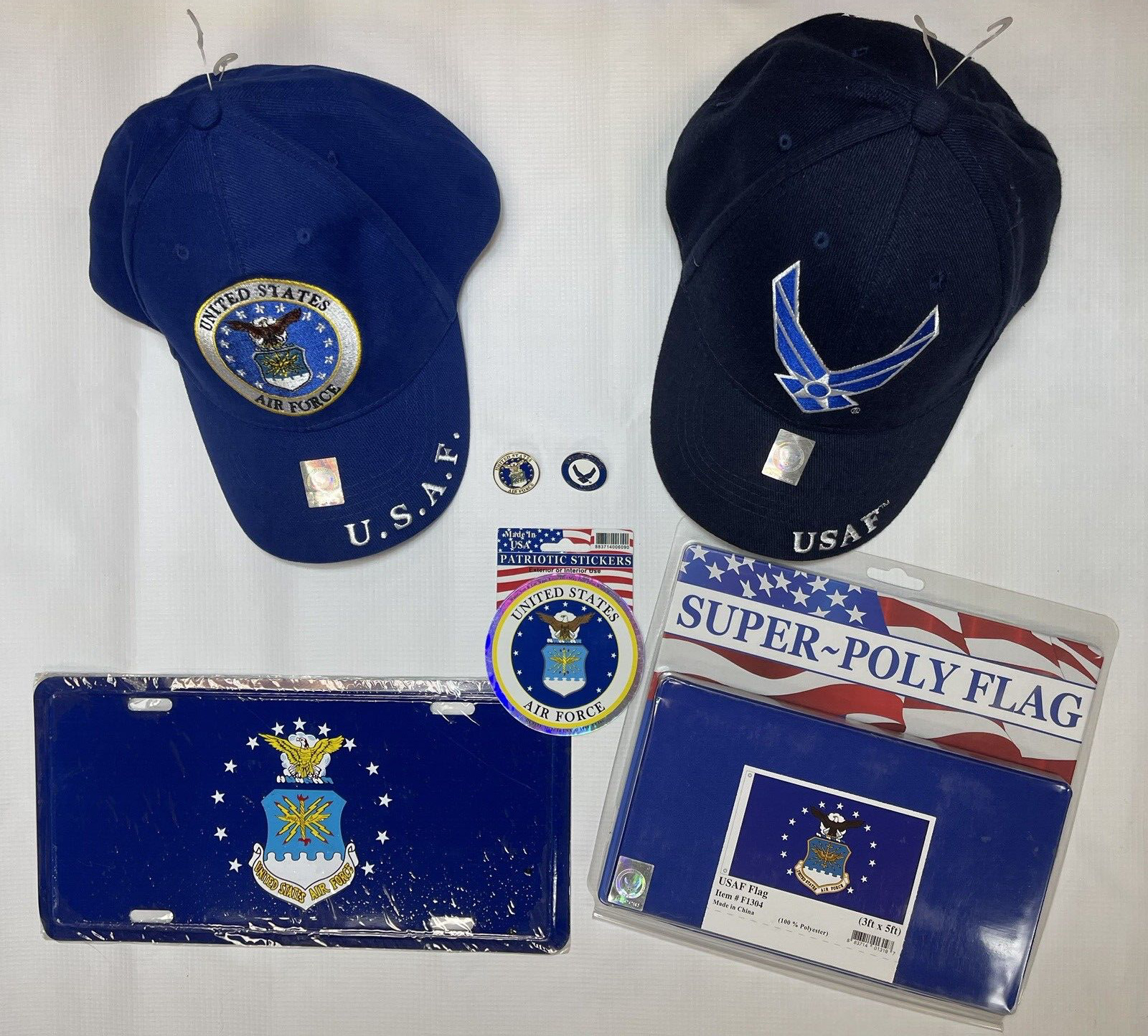 US AIR FORCE 7-PIECE GIFT SET - 2 CAPS, DECAL, 2 PINS, FLAG, LICENSE PLATE | NEW