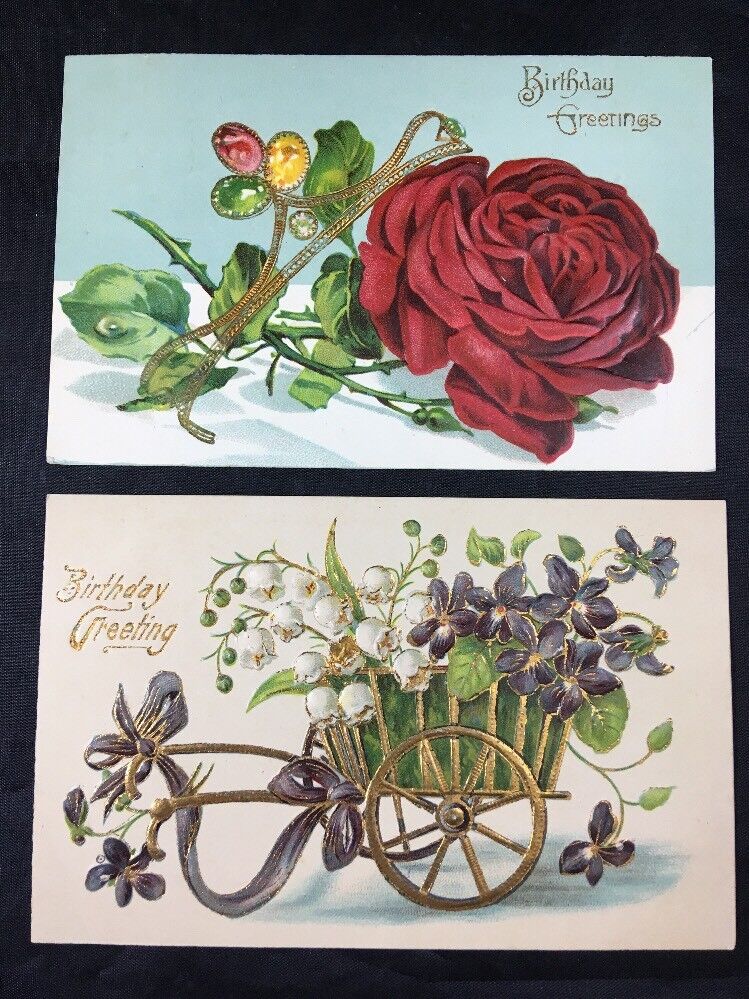 Vintage Embossed Birthday Greeting Cards Set of 2 Embossed Flowers Early 1900s