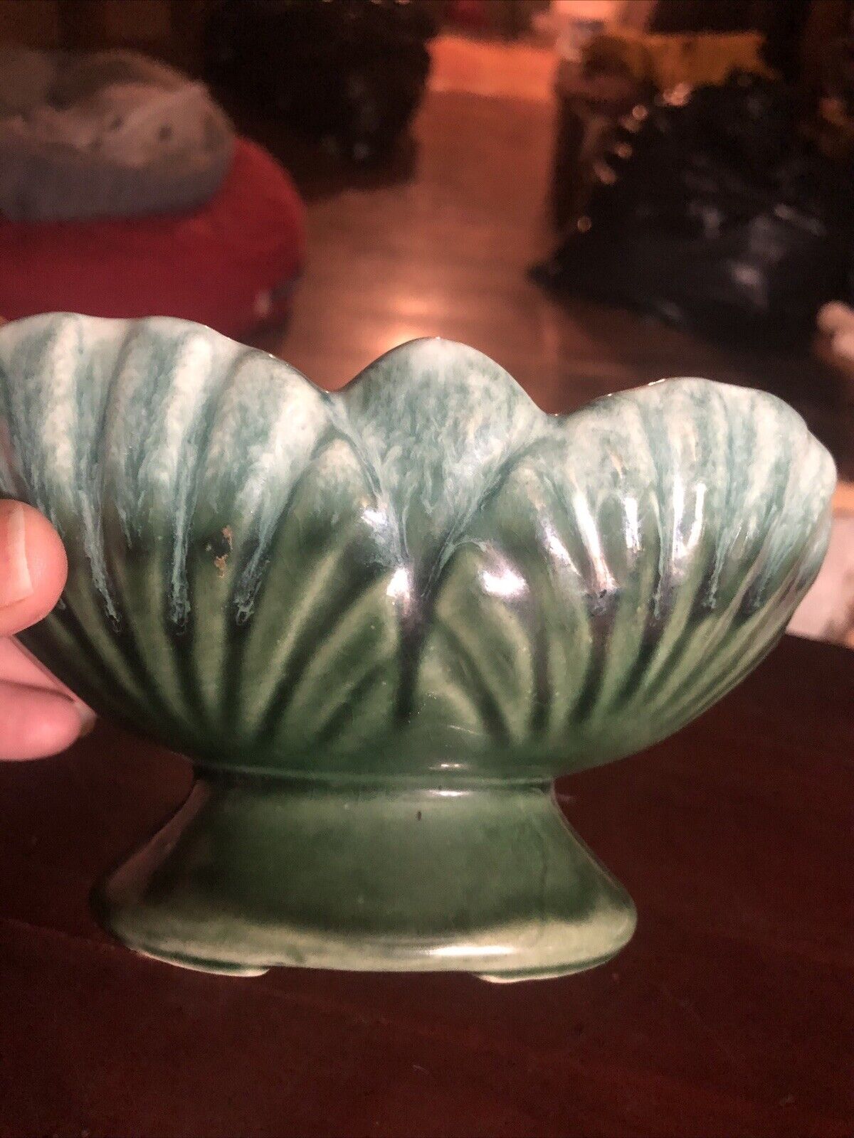 Vintage Mid Century USA Pottery Drip Glazed Green lotus Pedestal Planter