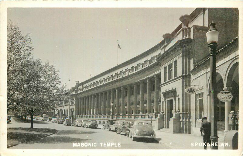 Spokane Washington Fraternal 1940s Masonic Temple Autos Photo Postcard 21-8774