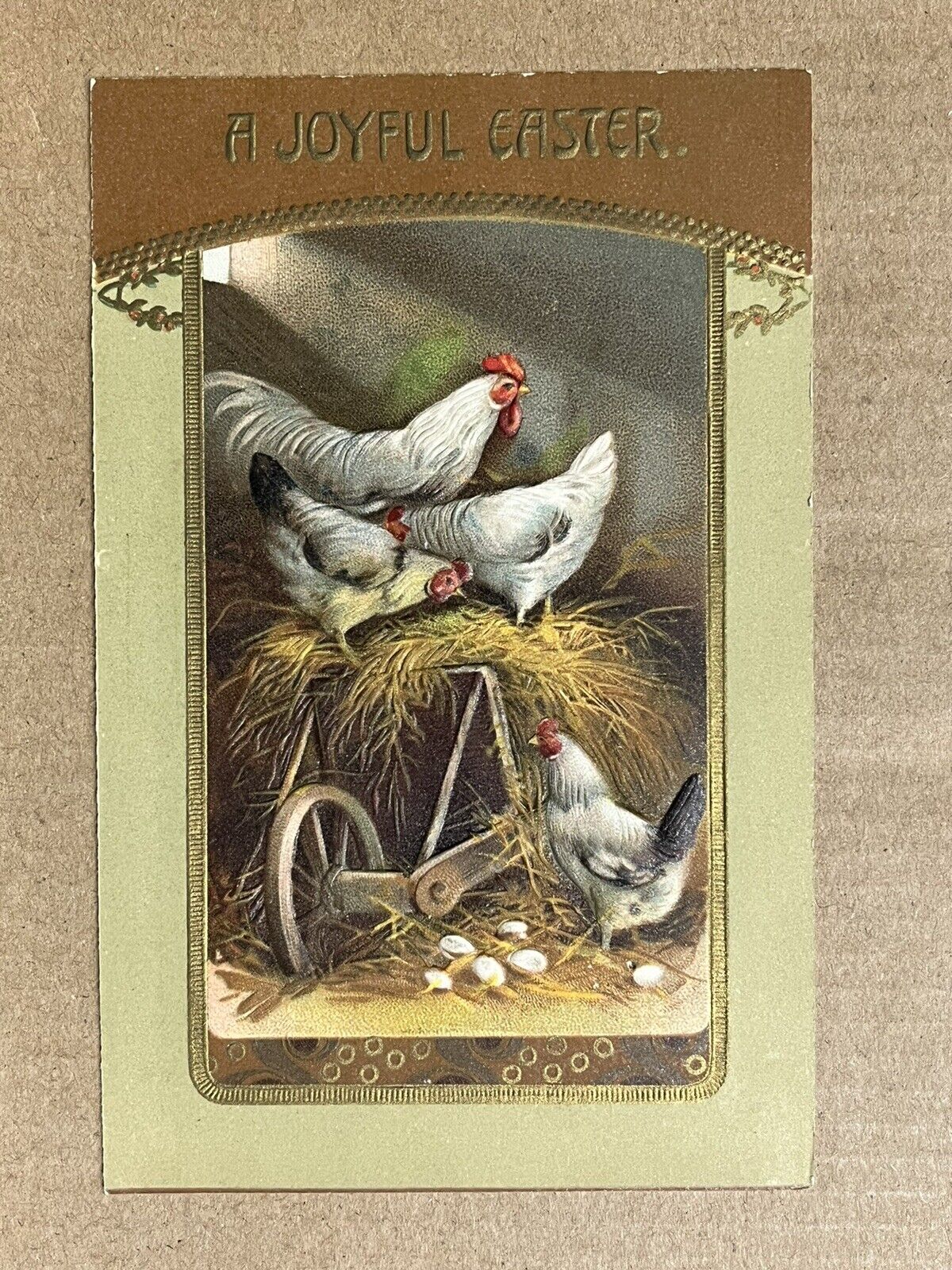 Postcard Easter Greetings Chickens Eggs Hen House Antique Old Embossed PC