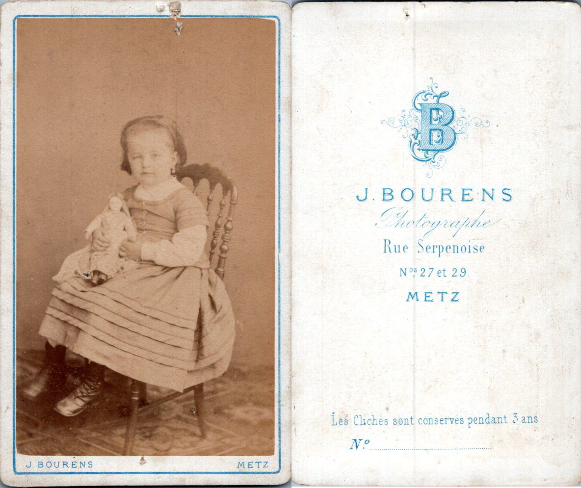 Bourens, Metz, Little Girl Holding a Doll, circa 1865 Vintage Albumen CDV - 