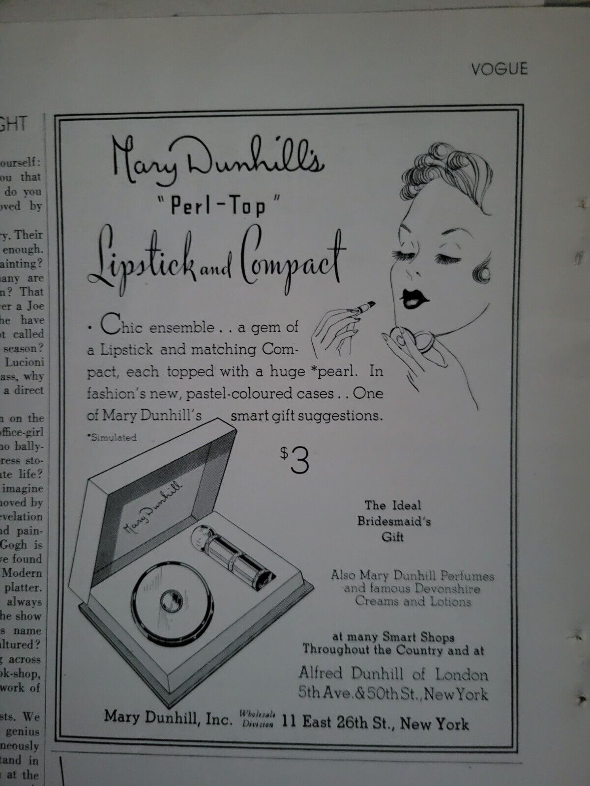 1936 Mary Dunhill Perl top lipstick and compact cosmetics beauty  vintage ad