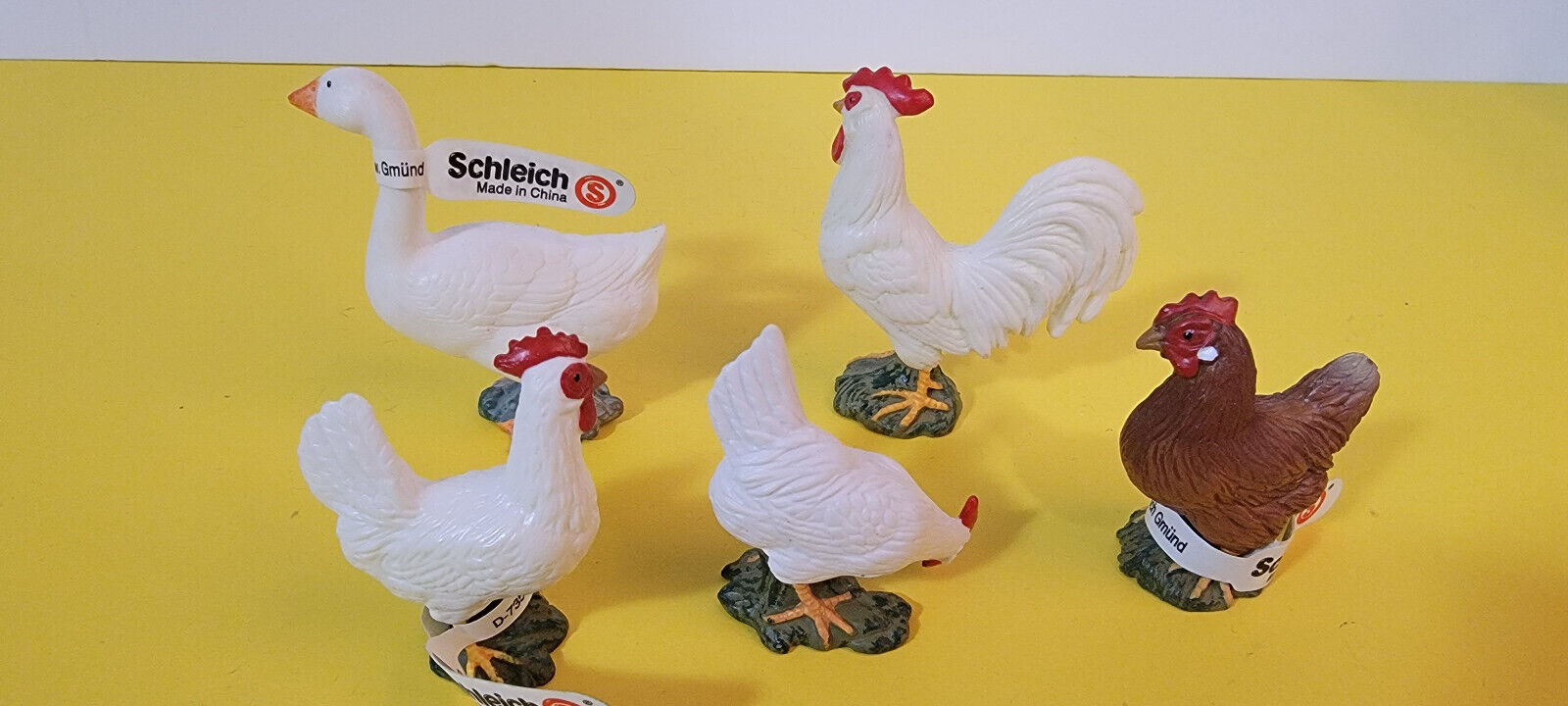 Schleich 5 WHITE BROWN HEN Chicken Rooster Goose Domestic Farm Animals Retired