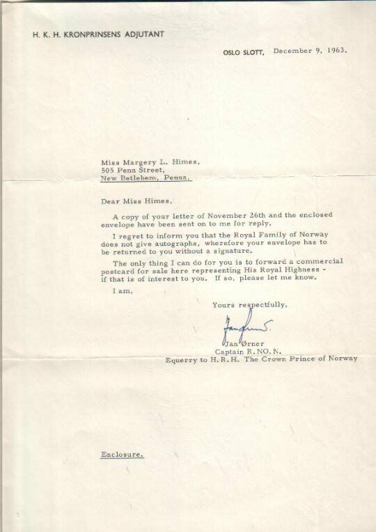 Jan Orner Autographed Letter 1963 Equerry to The Crown Prince of Norway