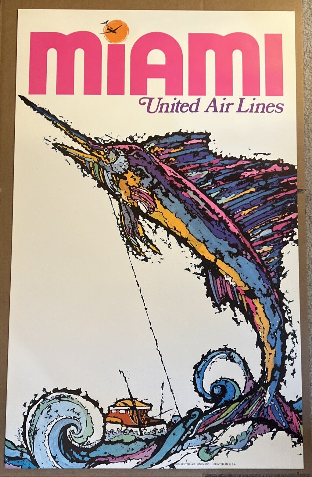 Vintage 1969 Miami United Airlines Promotional Travel Poster - NOS