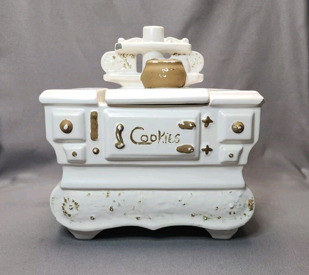 Vintage McCoy Pottery White Old Timey Cast Iron Stove Oven Cookie Jar Canister