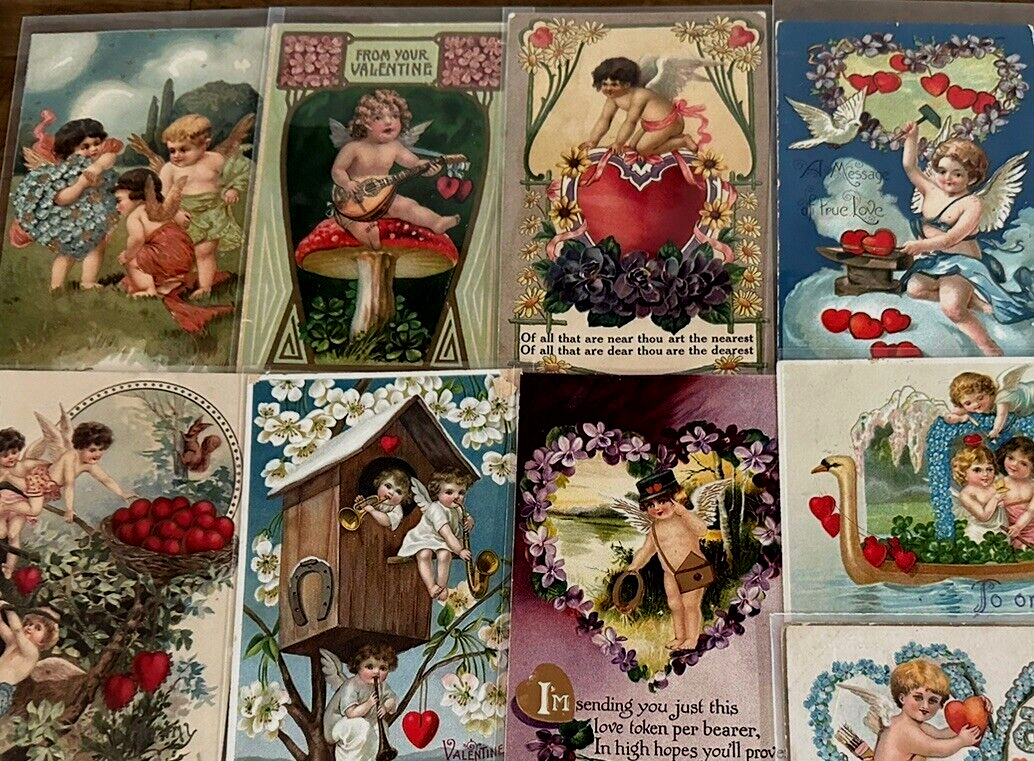 Lot of 10 Cupids with Hearts~Flowers~ Vintage~Valentine\'s Day Postcards~h332