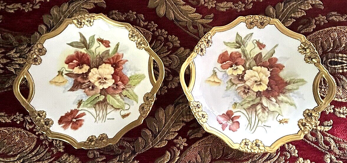 Beautiful Pair of Hand Painted Flowers Floral Porcelain Plates Gold Rim Signed
