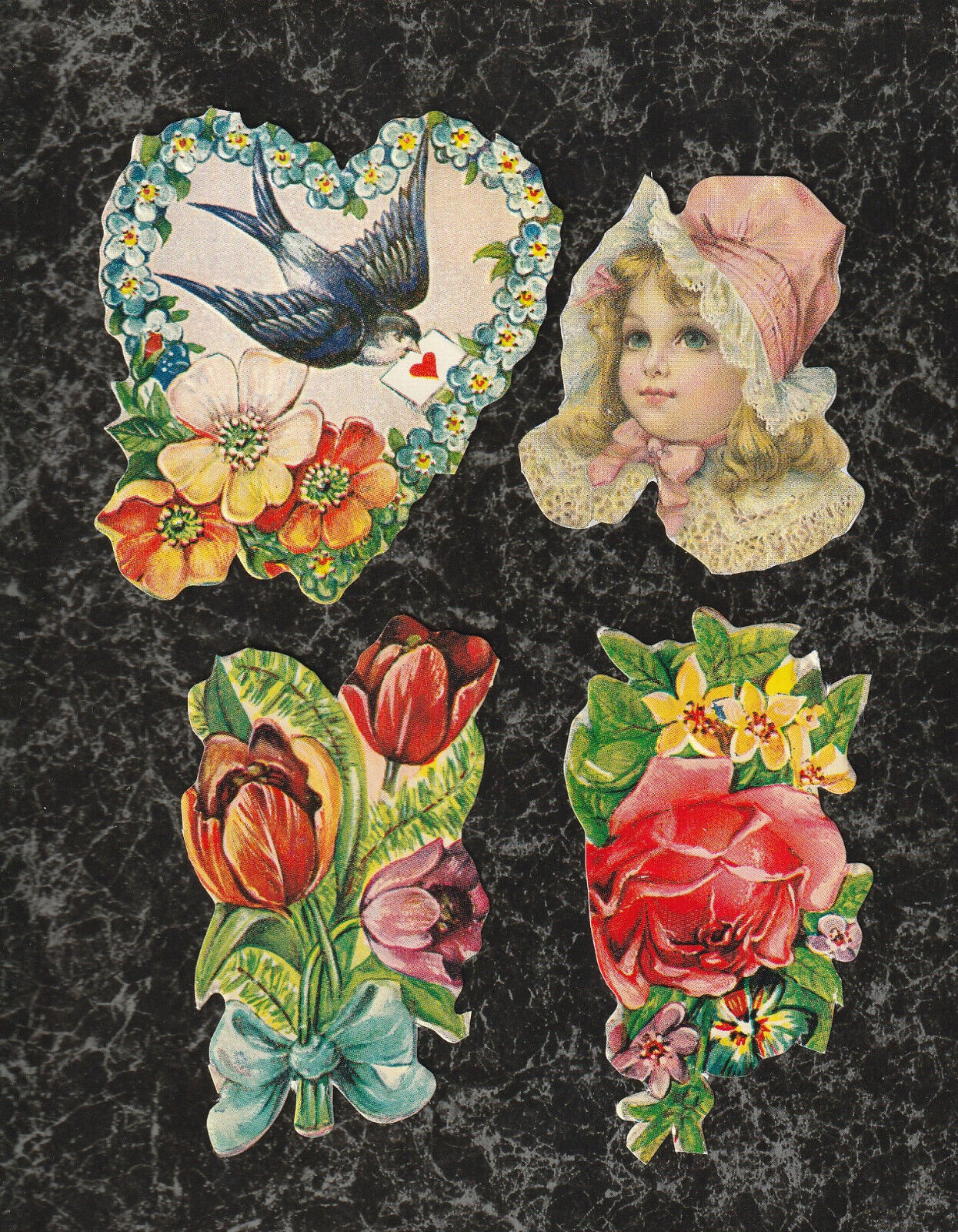 Lot 4 Repro Die Cut Embossed Scraps Little Girl Swallow Tulips Rose 2 to 3 inch