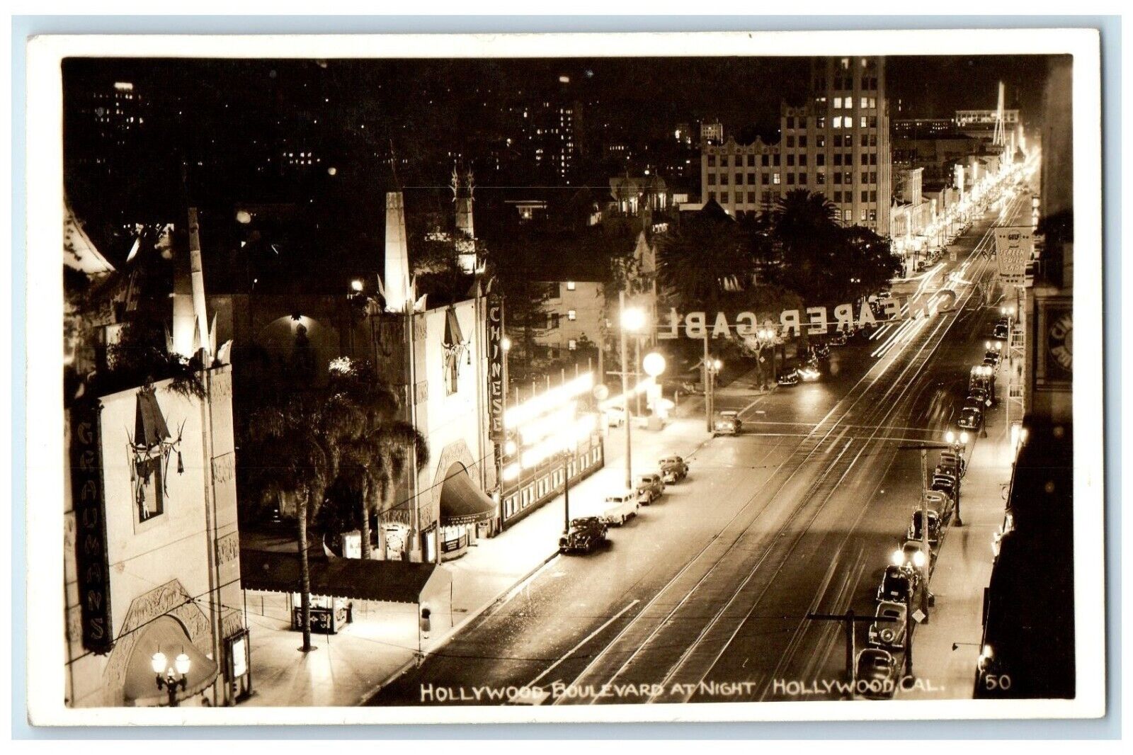 c1940's Hollywood Boulevard At Night Hollywood California CA RPPC Photo Postcard