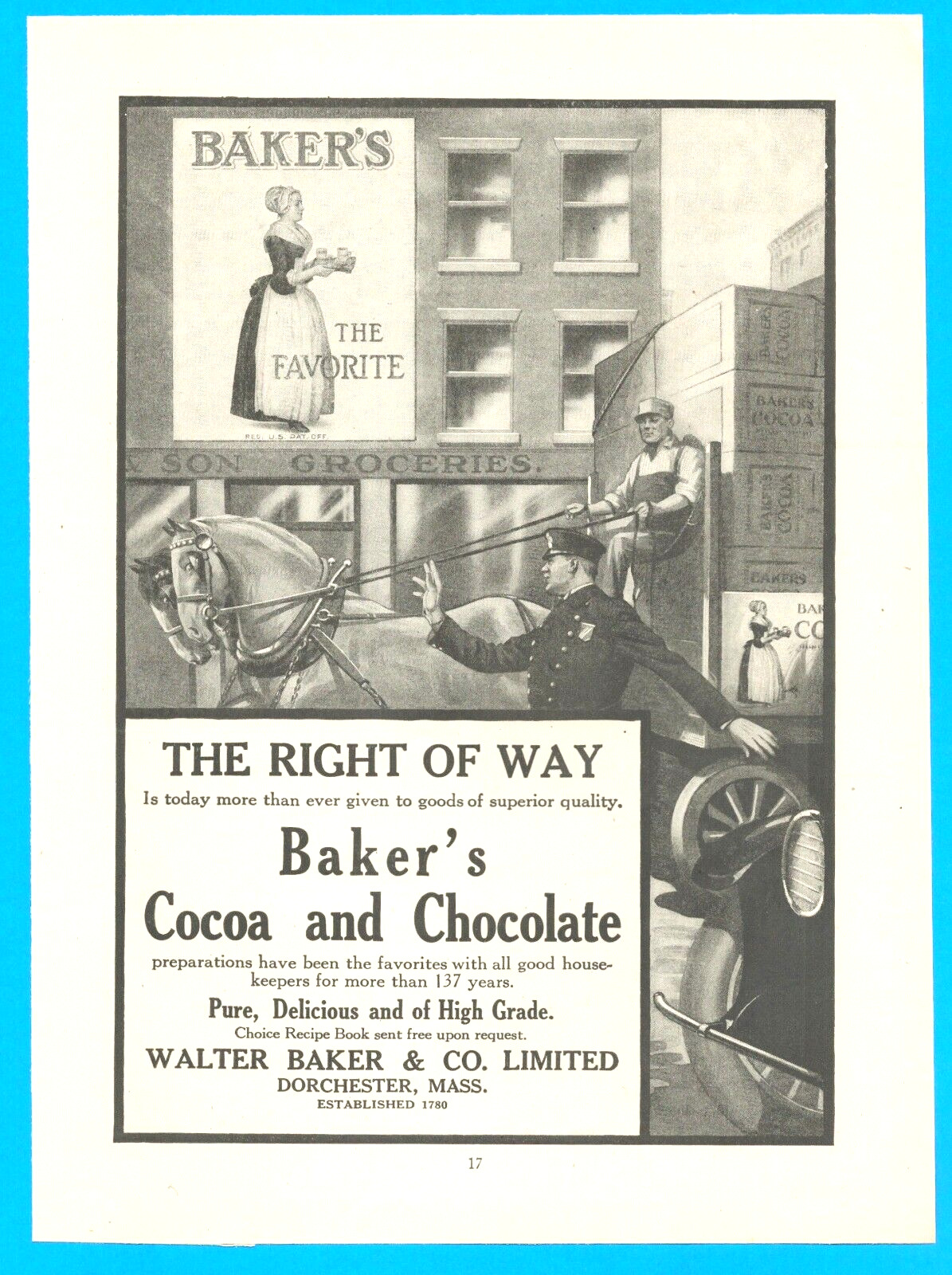 1918 BAKER's COCOA and CHOCOLATE candy grocer's PRINT AD Walter Baker DORCHESTER