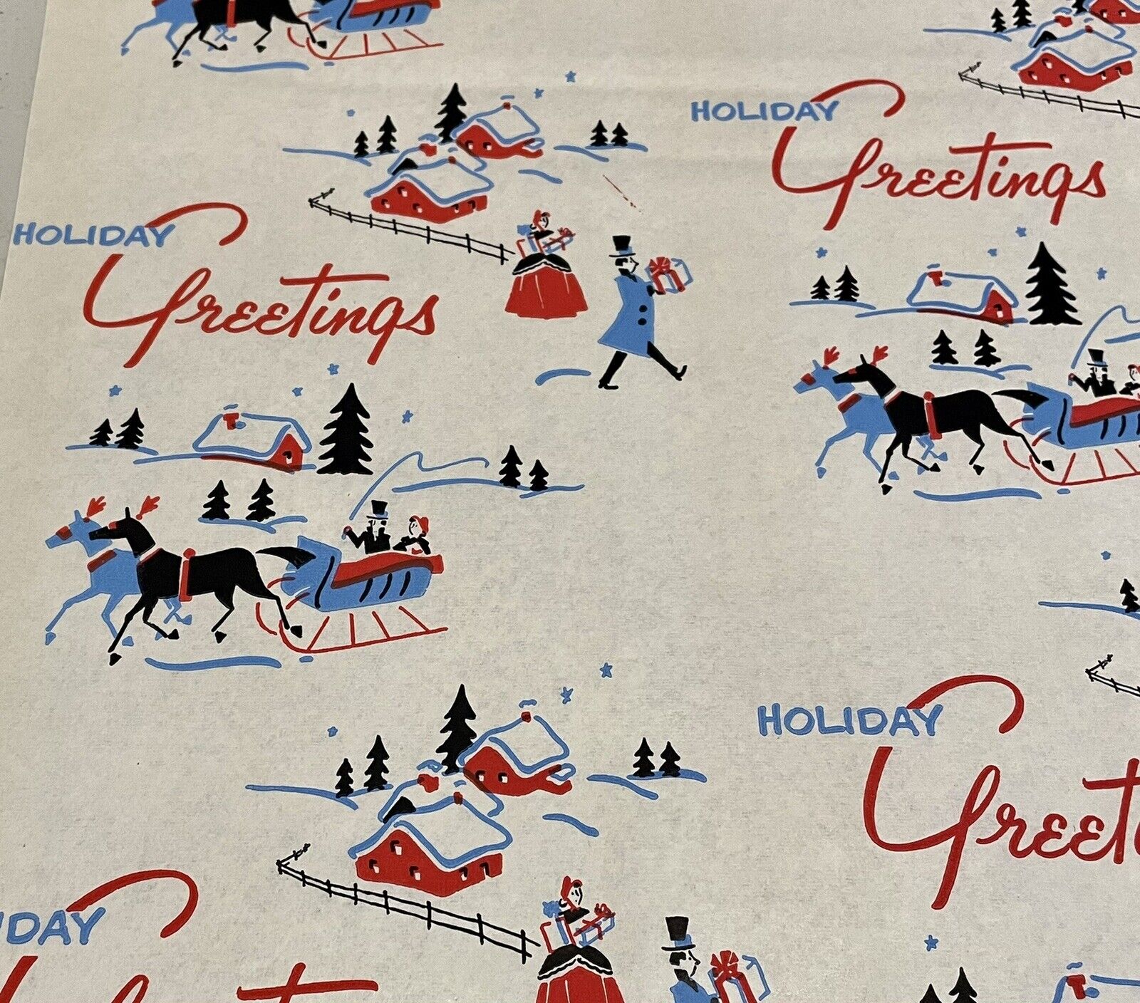 VTG CHRISTMAS WRAPPING PAPER GIFT WRAP  HOLIDAY GREETINGS 1940s SLEIGH WINTER