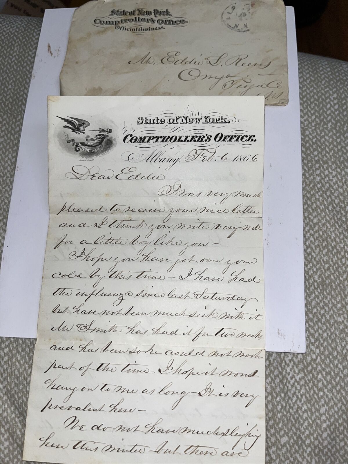 Antique 1866 Letter State of New York Albany Comptroller’s Office to Owego NY