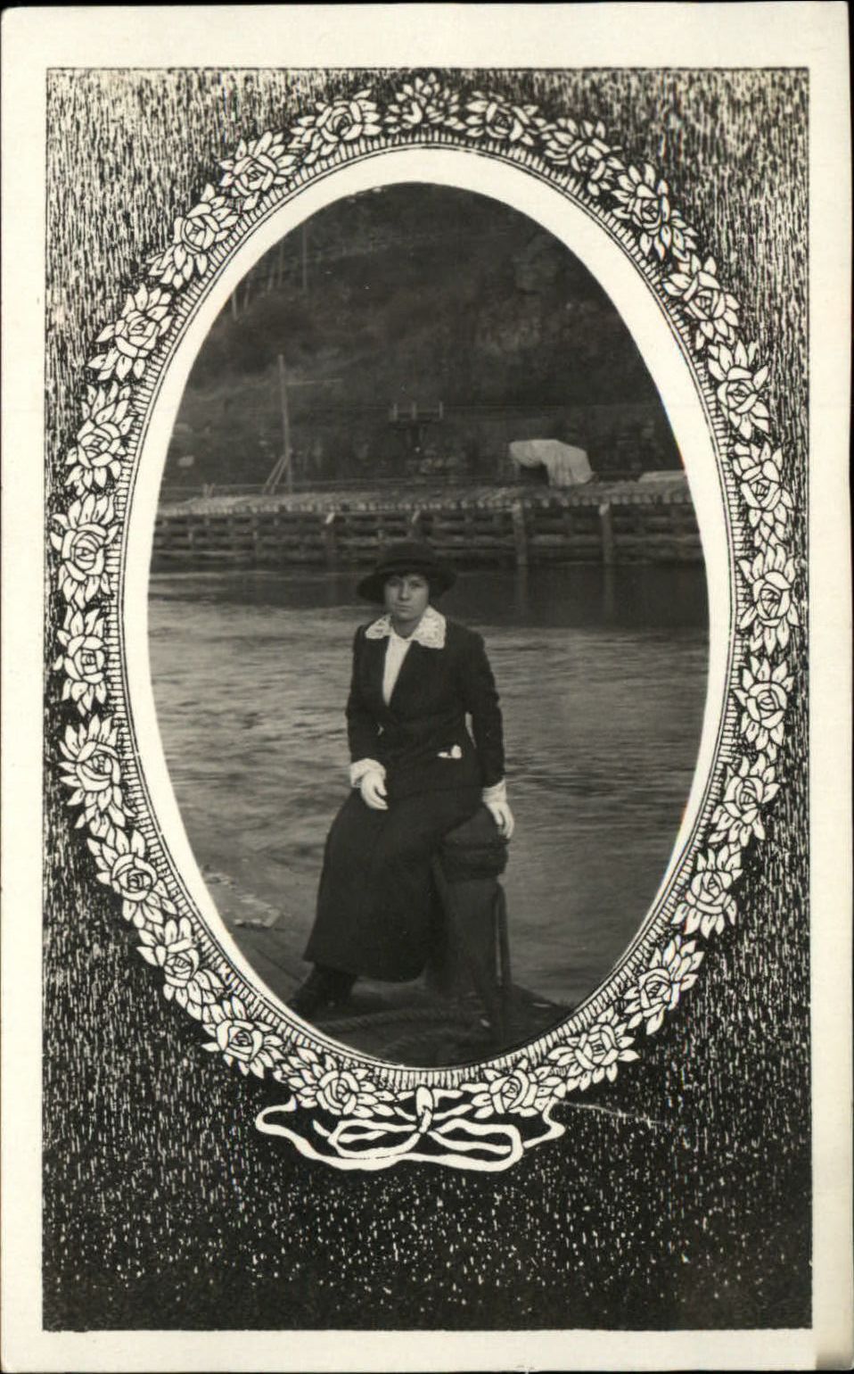 RPPC Edwardian woman fashion traveling suit water dock real photo 1904-20s PC