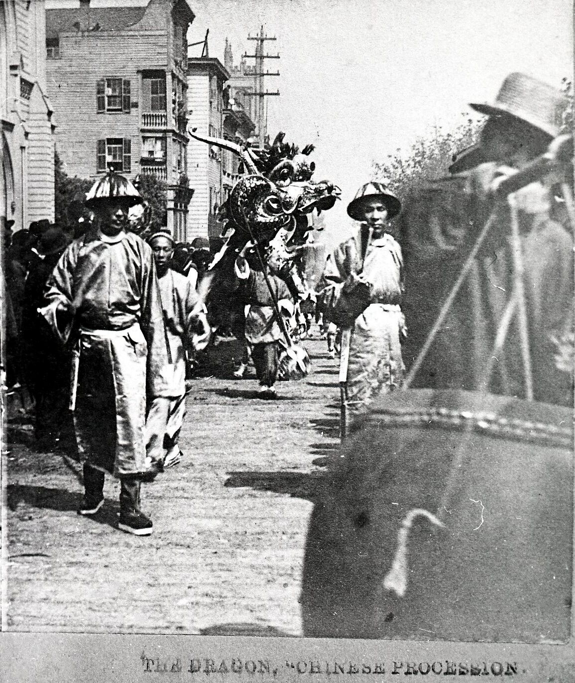 c.1880s SAN FRANCISCO CHINATOWN SCENE CHINESE DRAGON PROCESSION PARADE~NEGATIVE