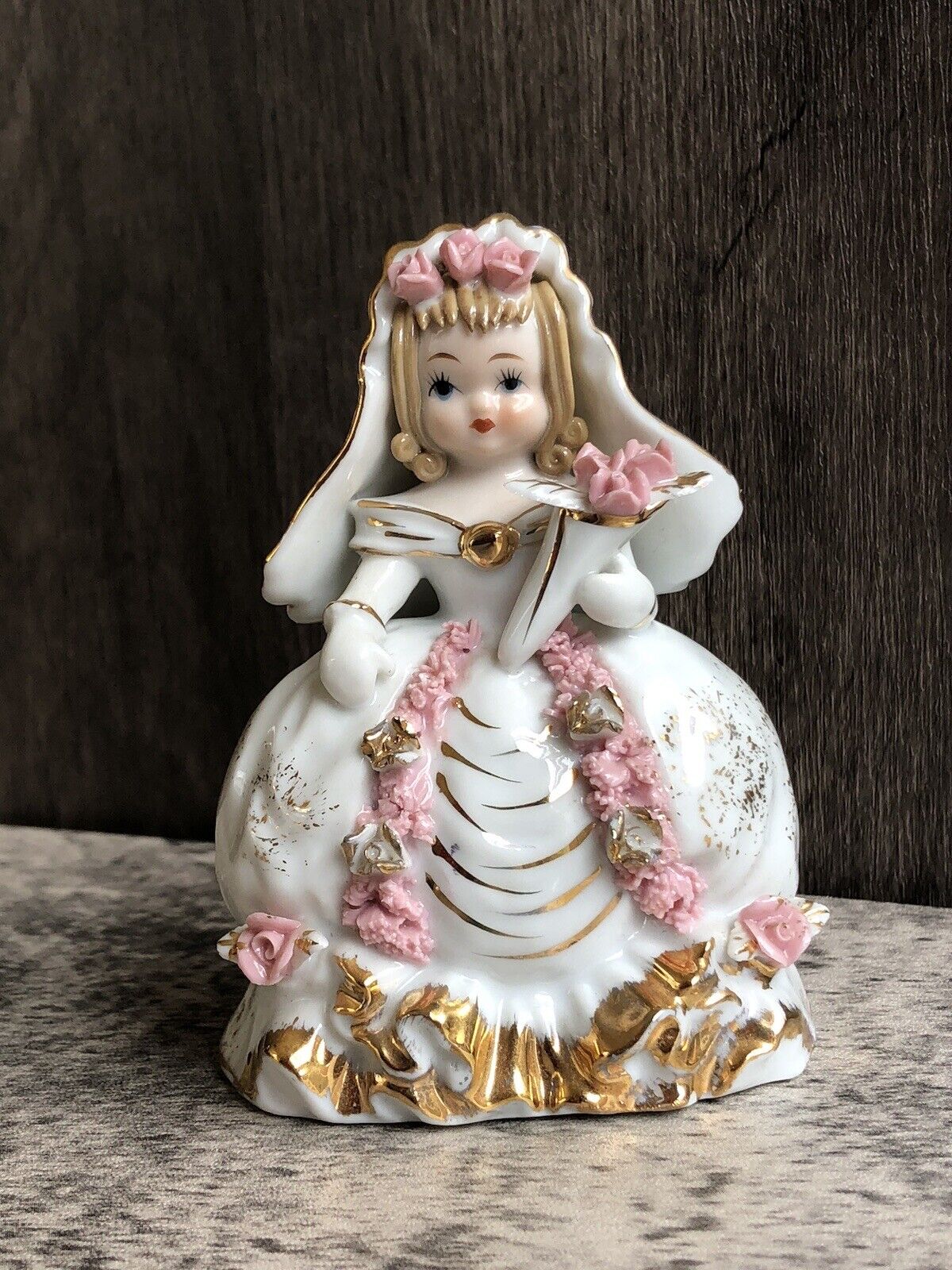 Vintage Lefton China Cinderella Bride Figurine Pink Roses Gold Trim KW1052