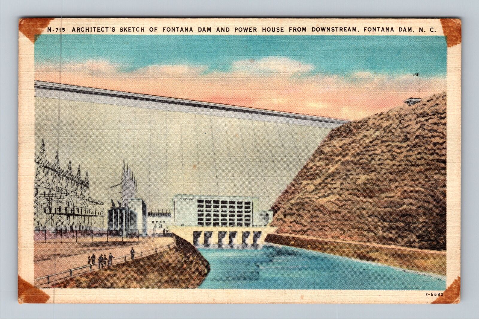Fontana Dam NC-North Carolina, Power House Downstream c1947 Vintage Postcard
