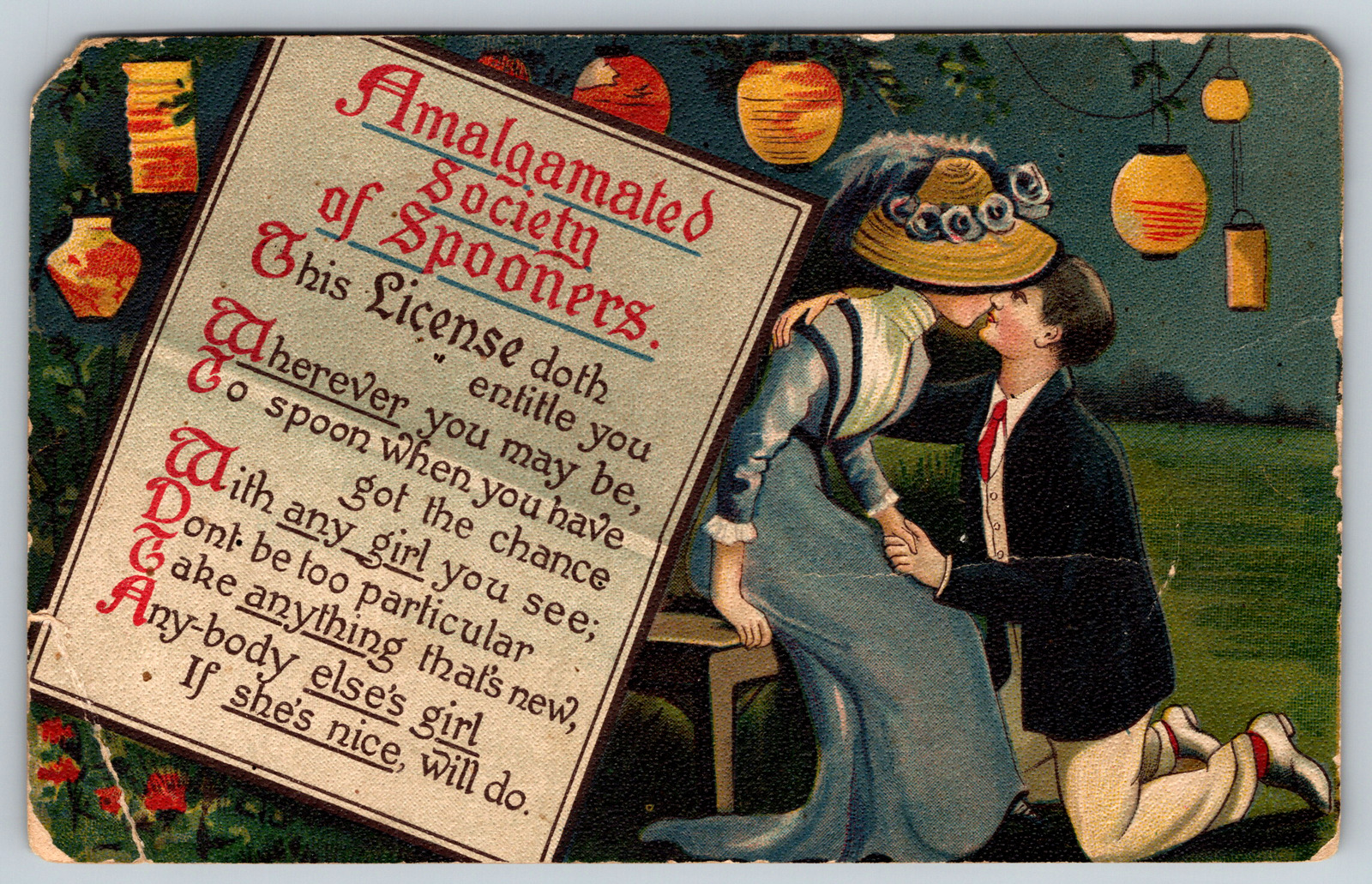 c1910s Womanizer License Amalgamated Society of Spooners Humor Vintage Postcard
