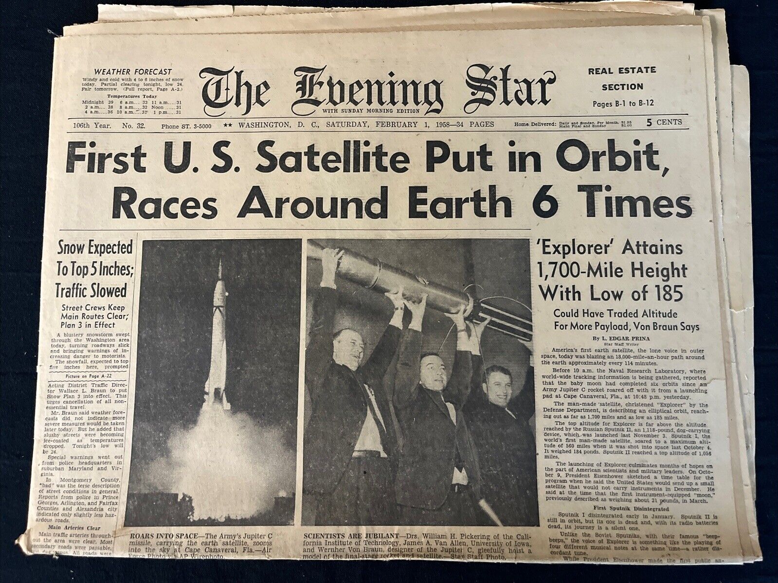 Washington DC Evening Star Newspaper US Launches First Satellite Feb 1 1958 Rare