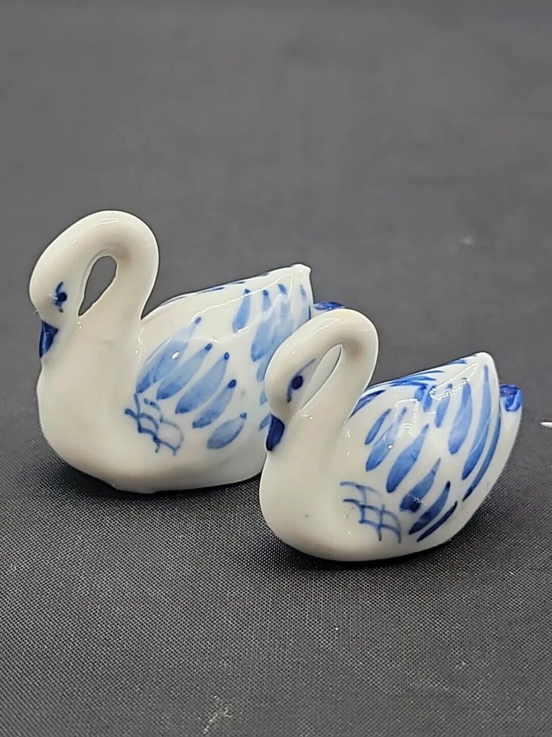 Pair Of Miniature Porcelain Swan Figurines Blue Hand Painted Pattern 