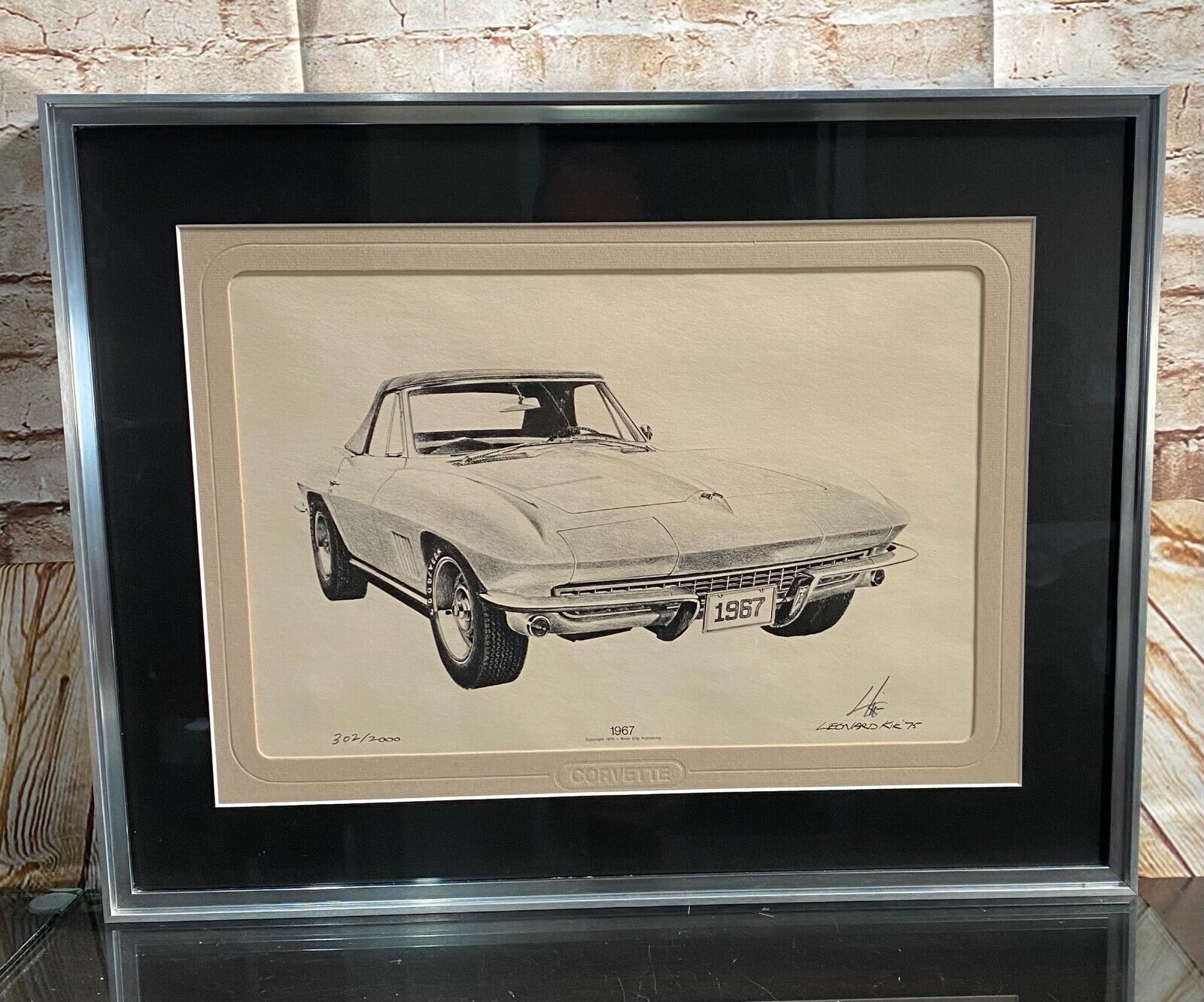 1967 Chevy Corvette Leonard Kik Lithograph Signed Print Framed Art 1975