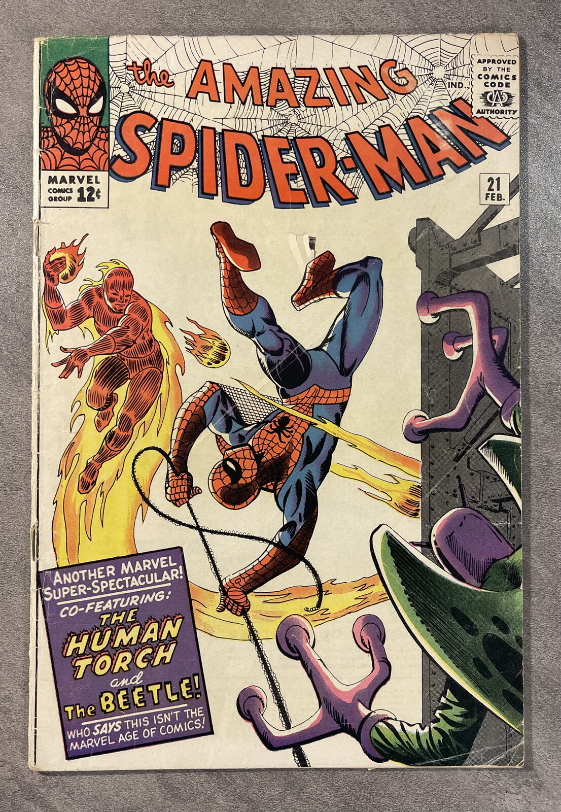 THE AMAZING SPIDER-MAN #21 FEB 1965 - THE BEETLE HUMAN TORCH SILVER AGE GEM-G+