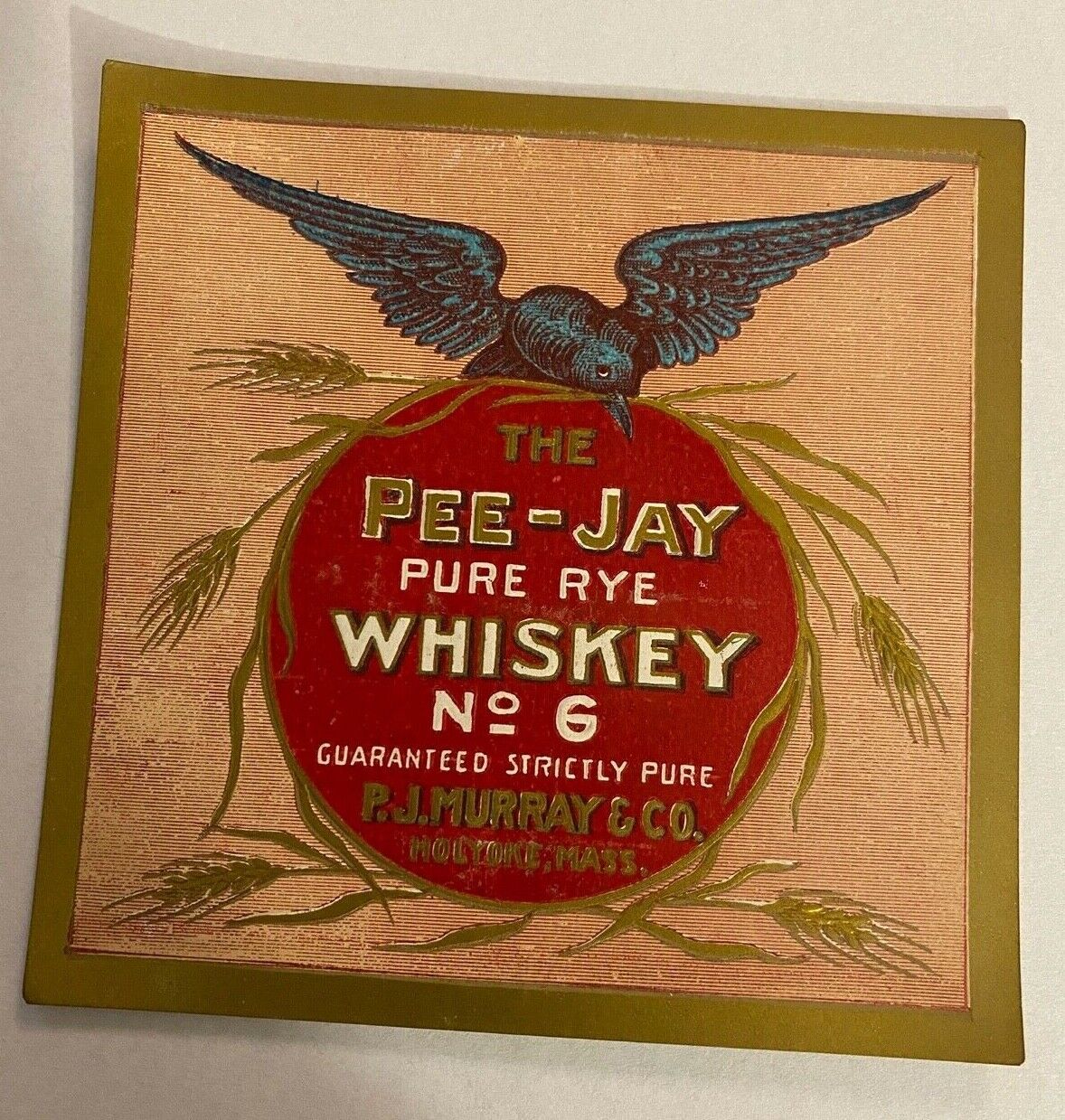 Vintage Pee-Jay Pure Rye Whiskey Label PJ Murray & Co Holyoke, Massachusetts💗