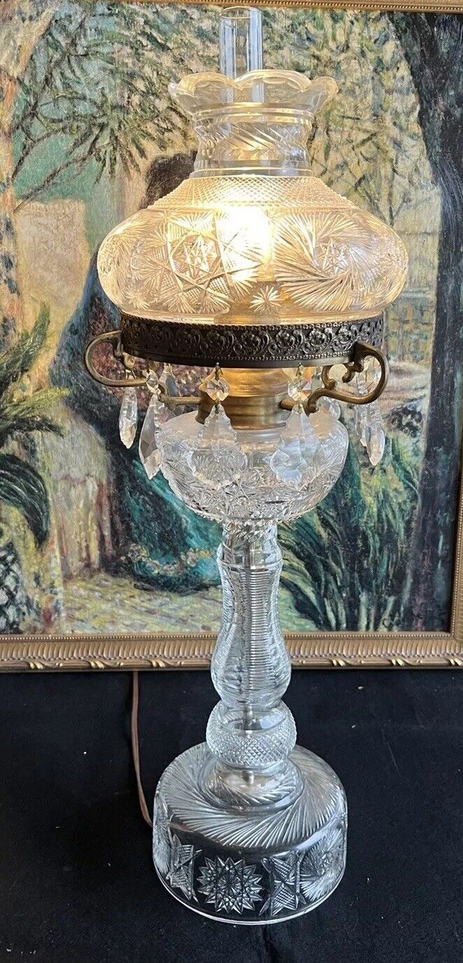 RARE 28” Vintage Victorian Banquet Cut Glass Crystal Lamp Star Pattern Crystals