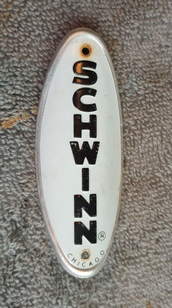 Vintage Schwinn Chicago Bicycle Head Badge White w Black Letters 