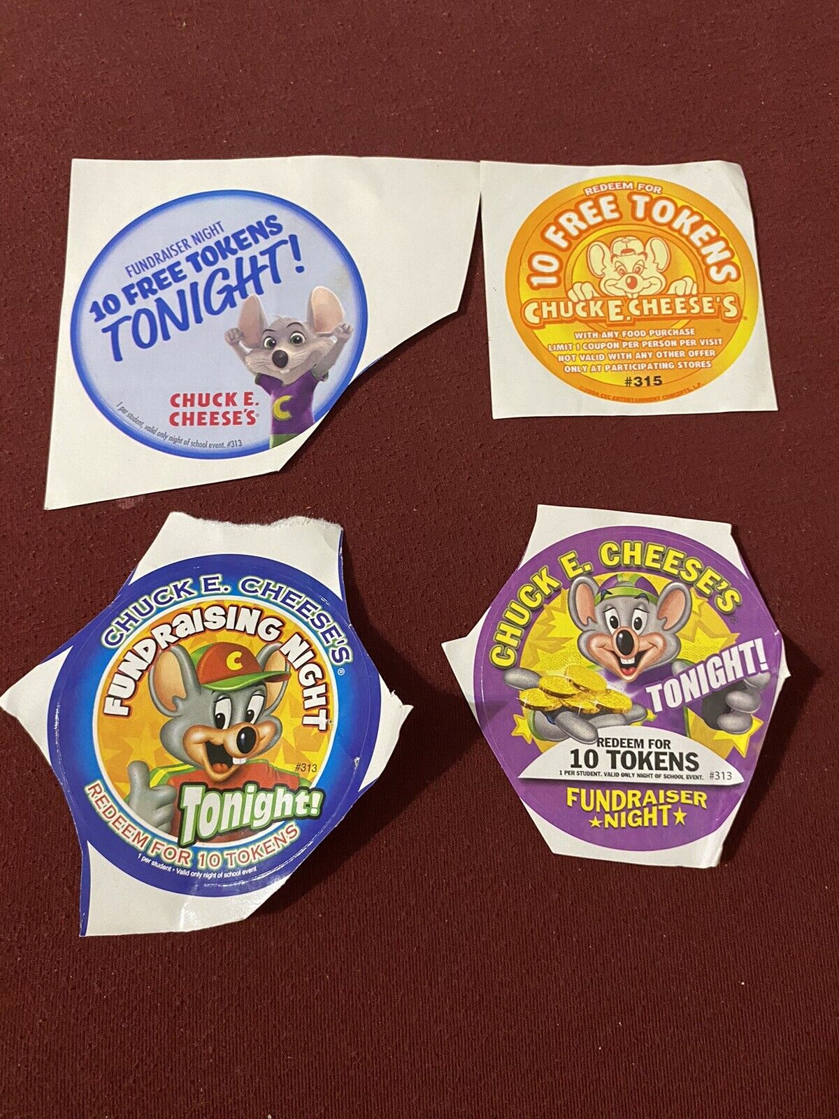 Vintage Chuck E Cheese\'s Sticker Redeem For 10 Free Tokens  LOT OF 4 Different