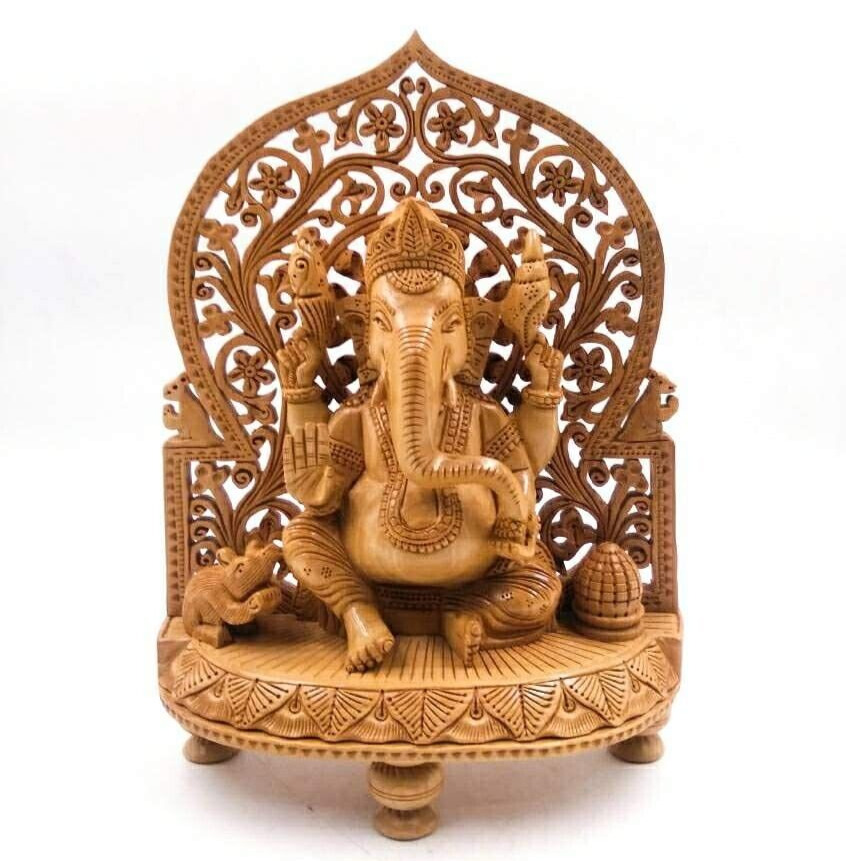 Decorative Wooden Fine Carved Lord Ganesha Sitting on Mehrav Religious Statue