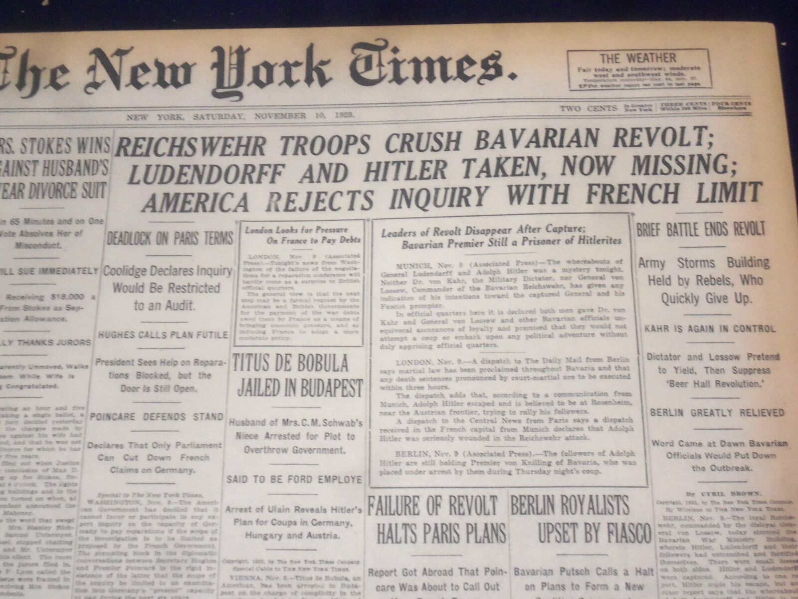 1923 DECEMBER 10 NEW YORK TIMES- REICHSNEHR TROOPS CRUSH BAVARIAN REVOLT-NT 9218